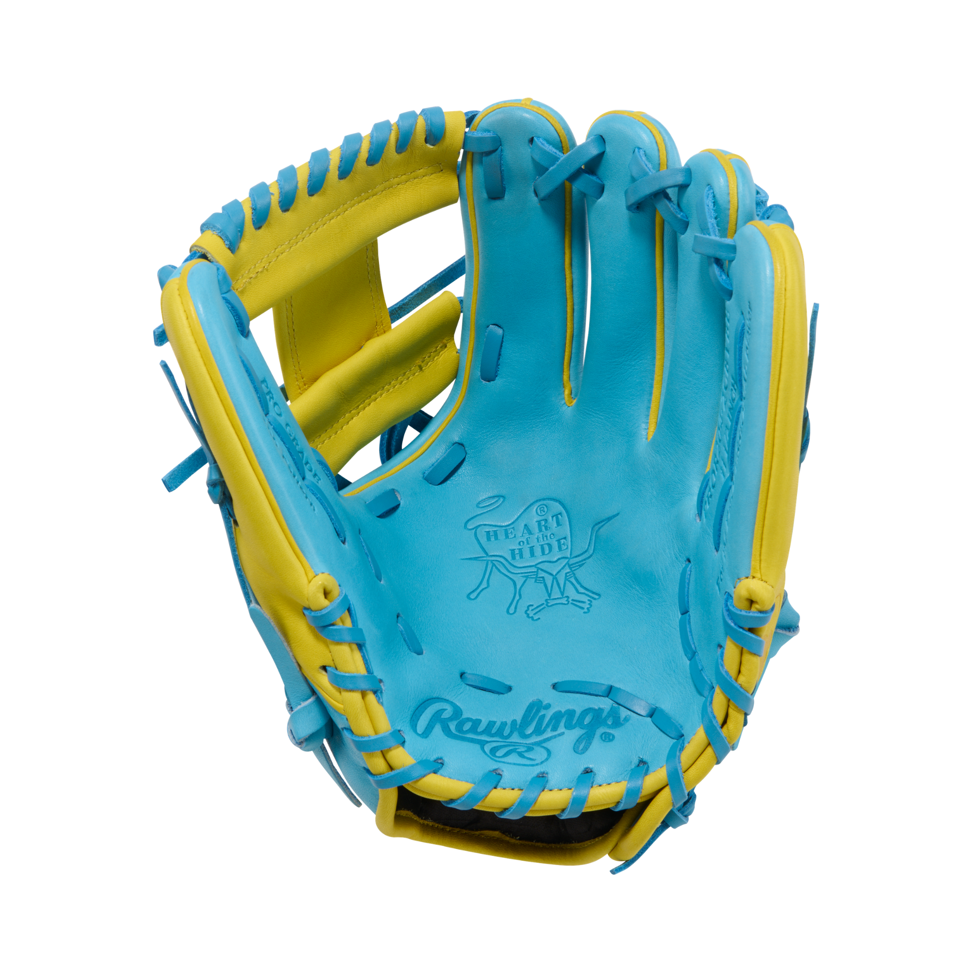 Rawlings Heart of the Hide PROR204-2CBYBE 11.5" Infield Baseball Glove, palm view, blue and yellow with I-web and patch detail.