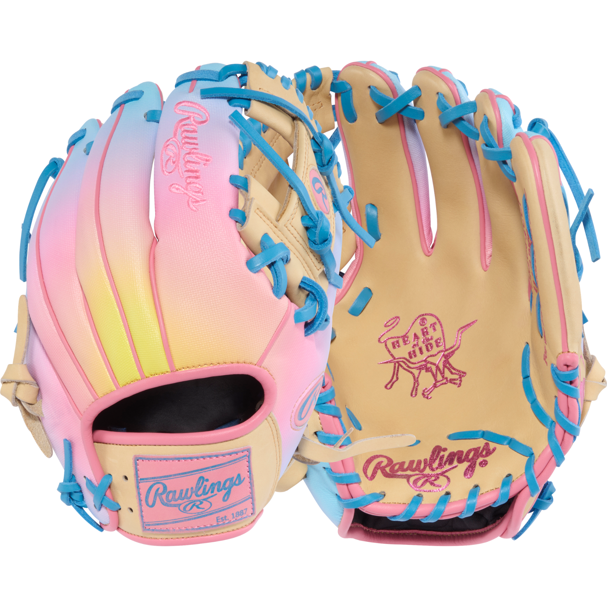 Rawlings HOH Funburst 2.0 11.5" Infield Baseball Glove Camel/Col. Blue/Pink for premium Heart of the Hide performance and bold design.