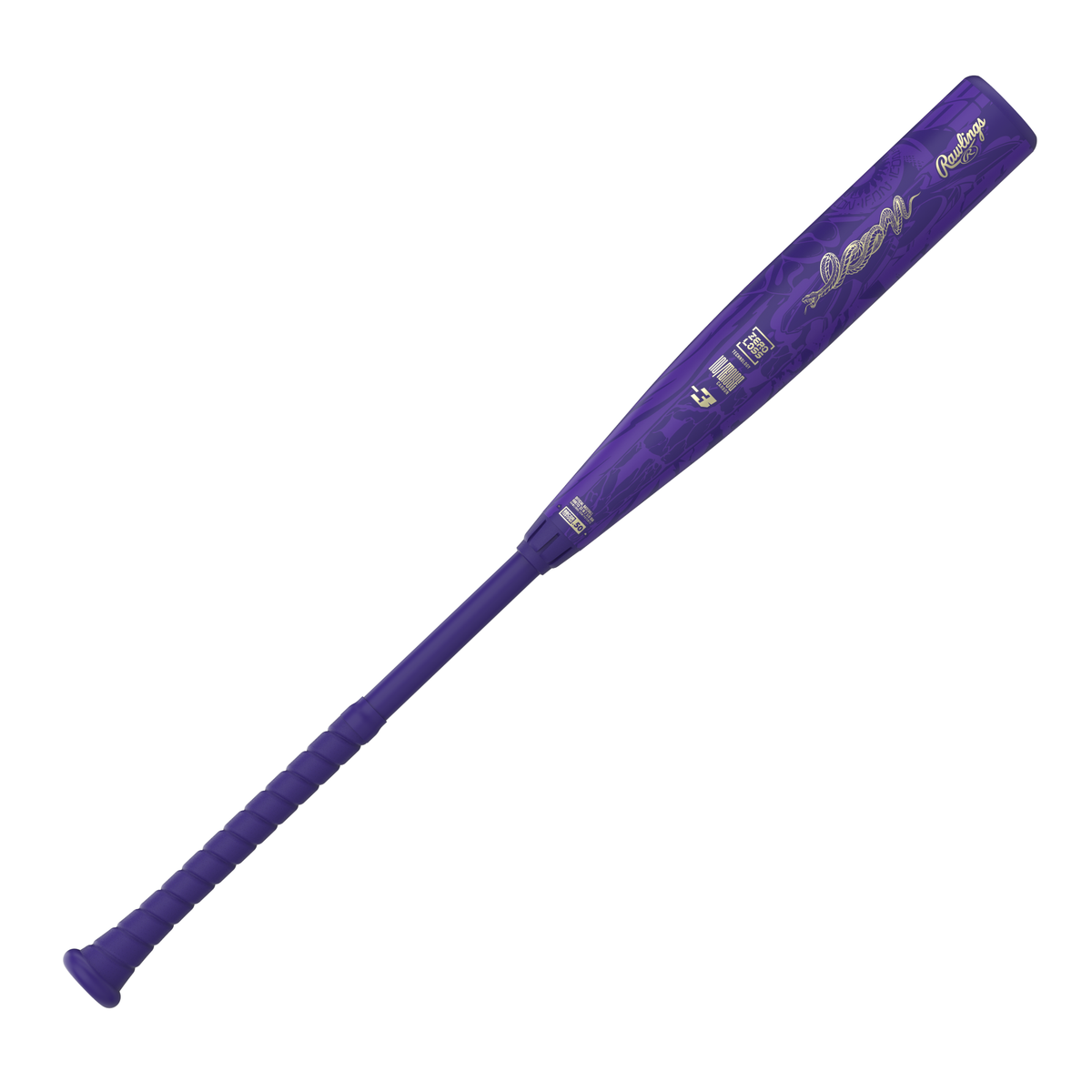 2027 Rawlings Icon -3 BBCOR Baseball Bat back view with purple composite barrel, gold graphics and matching RevGrip