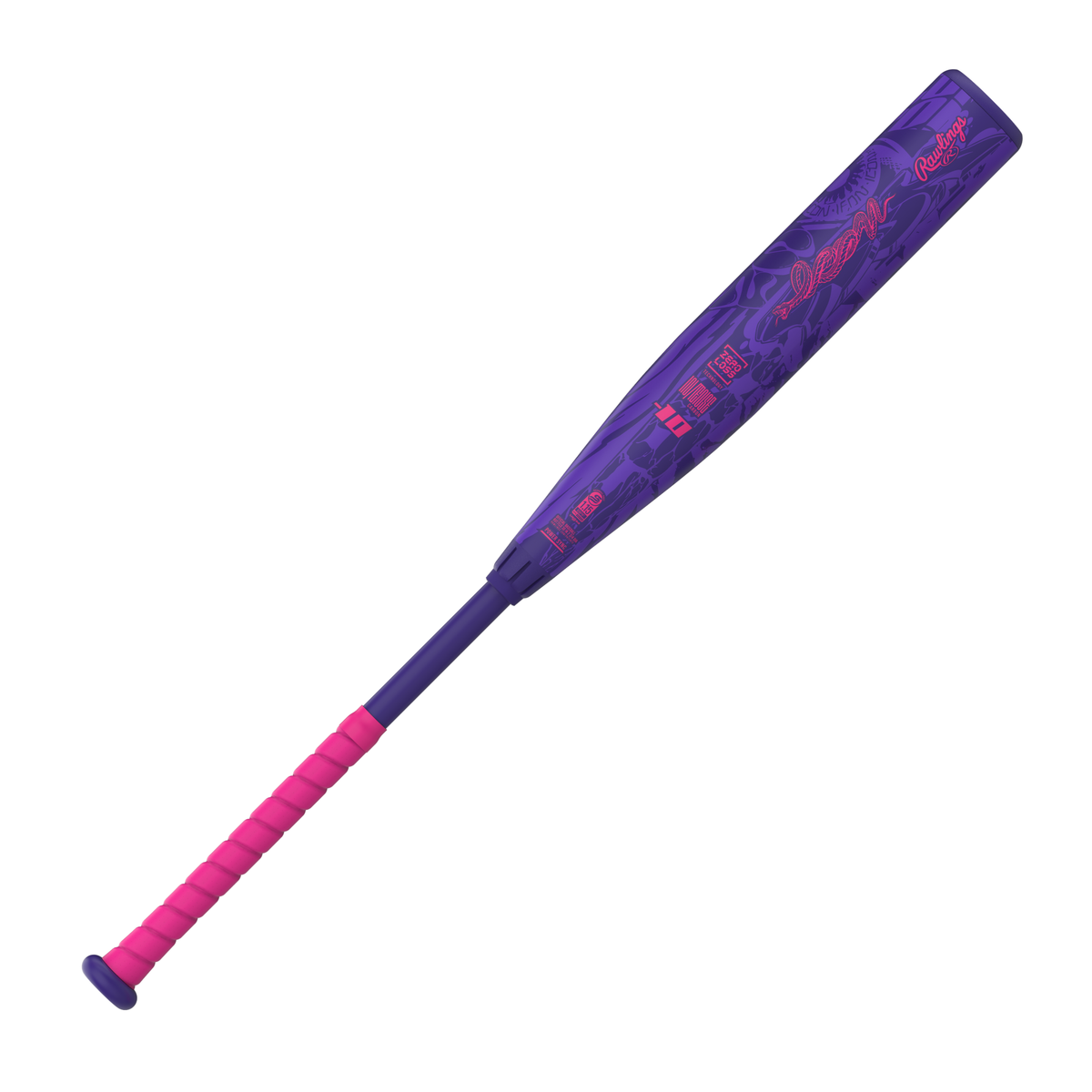 2027 Rawlings Icon -8 USSSA Baseball Bat back view with purple composite barrel, pink grip and Rawlings graphics