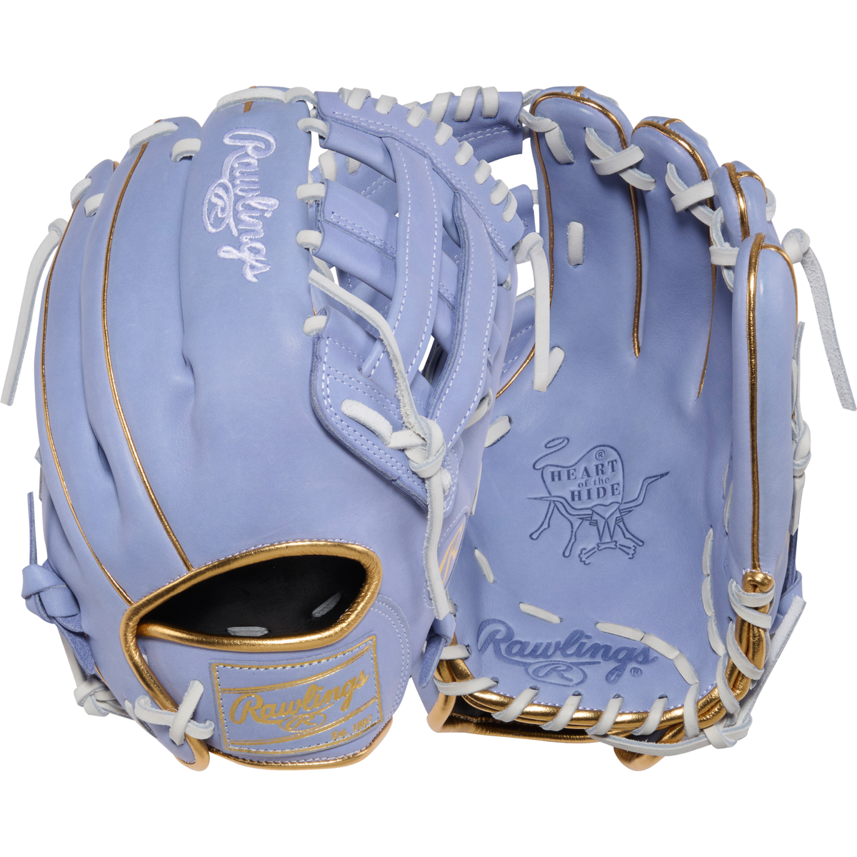 Rawlings Heart of the Hide Fastpitch Glove - Front and Back View Comparison, 12 Inch Lavender Gold Softball Glove