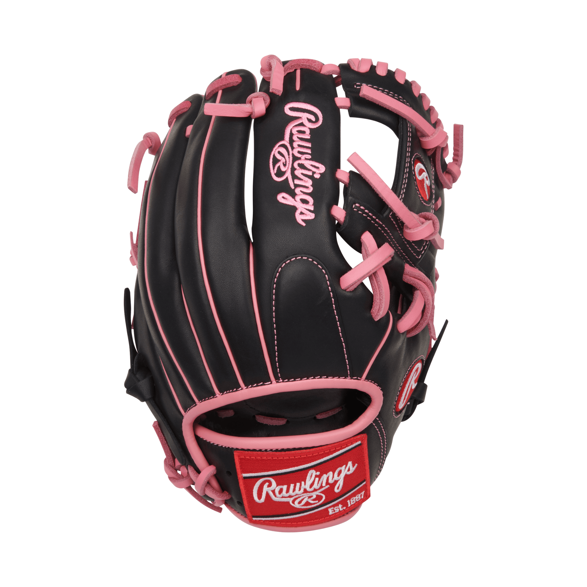 Back view of Rawlings R9 11.5" Black/Pink infield glove showing all-leather shell and pink lacing accents