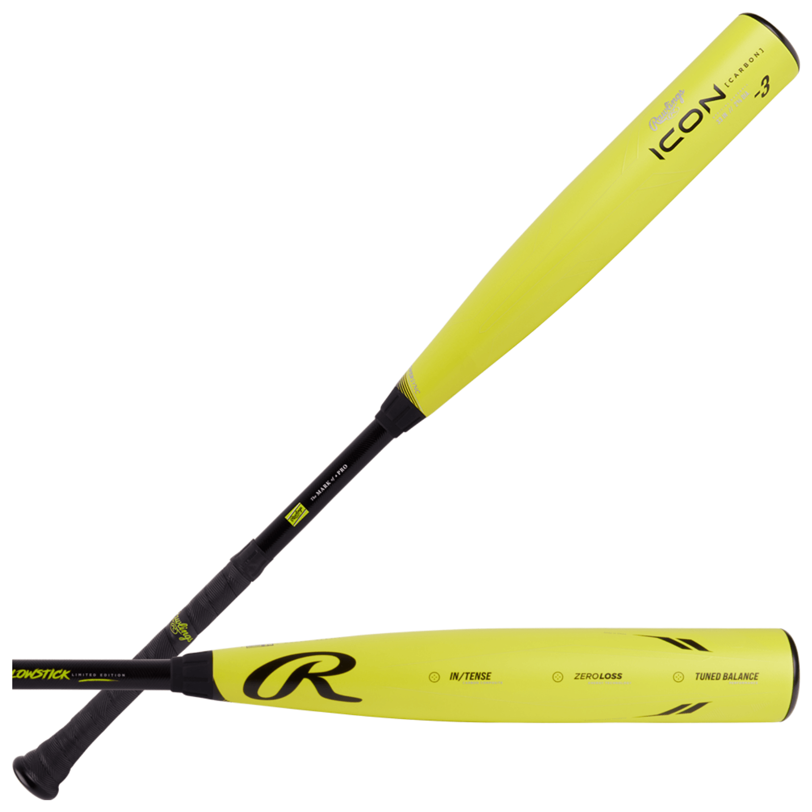 Rawlings Icon Glowstick Limited Edition -3 bat with seamless carbon composite barrel and vibrant yellow design.