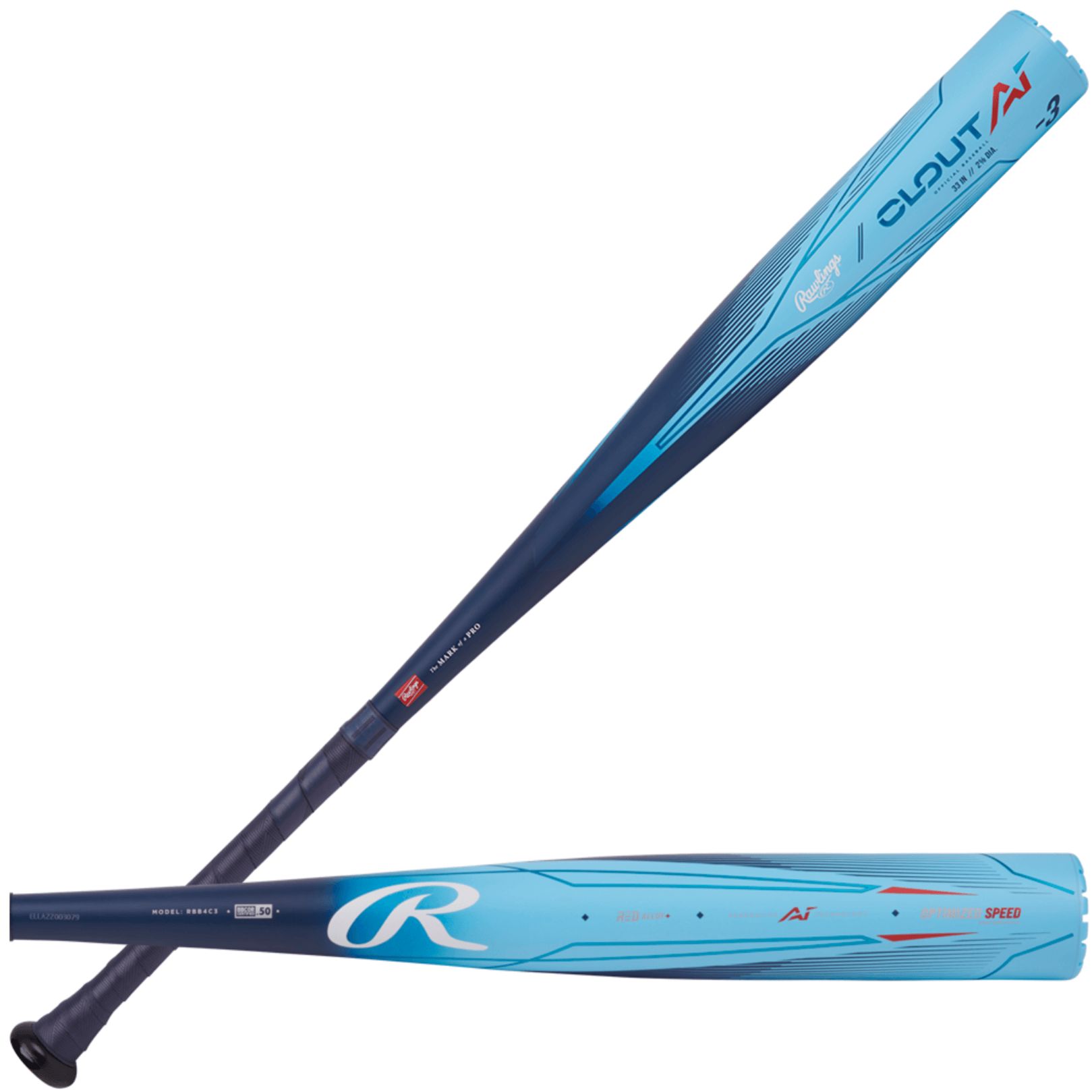 Rawlings 2024 Clout AI -3 BBCOR baseball bat featuring a 2 5/8" barrel design with optimized performance technology.