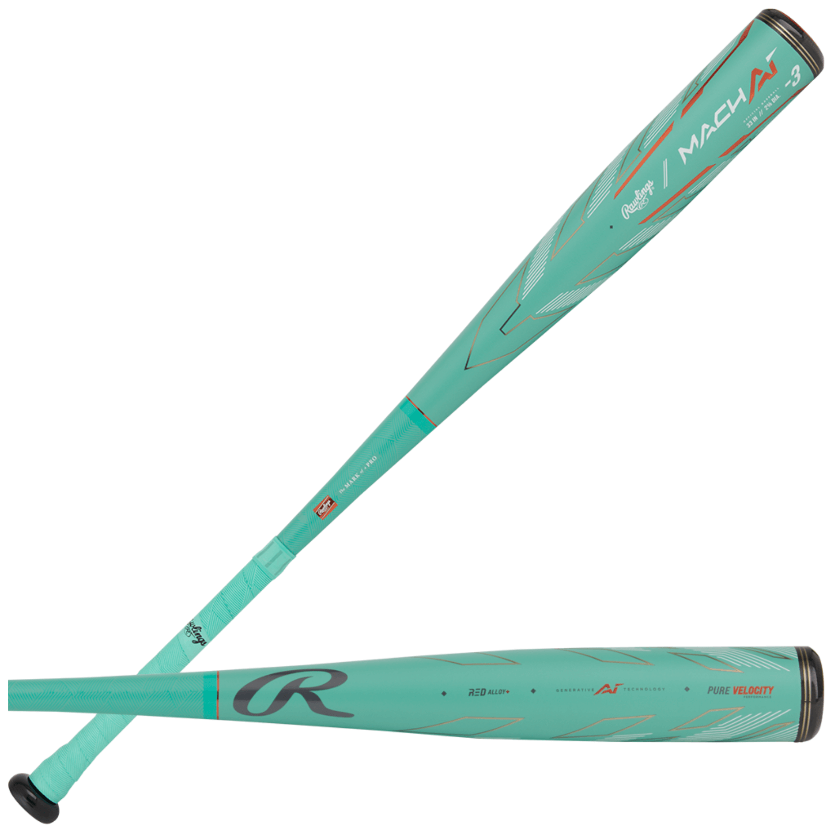 Rawlings 2024 Mach AI -3 BBCOR baseball bat with 2 5/8" barrel in teal color, featuring advanced alloy technology.