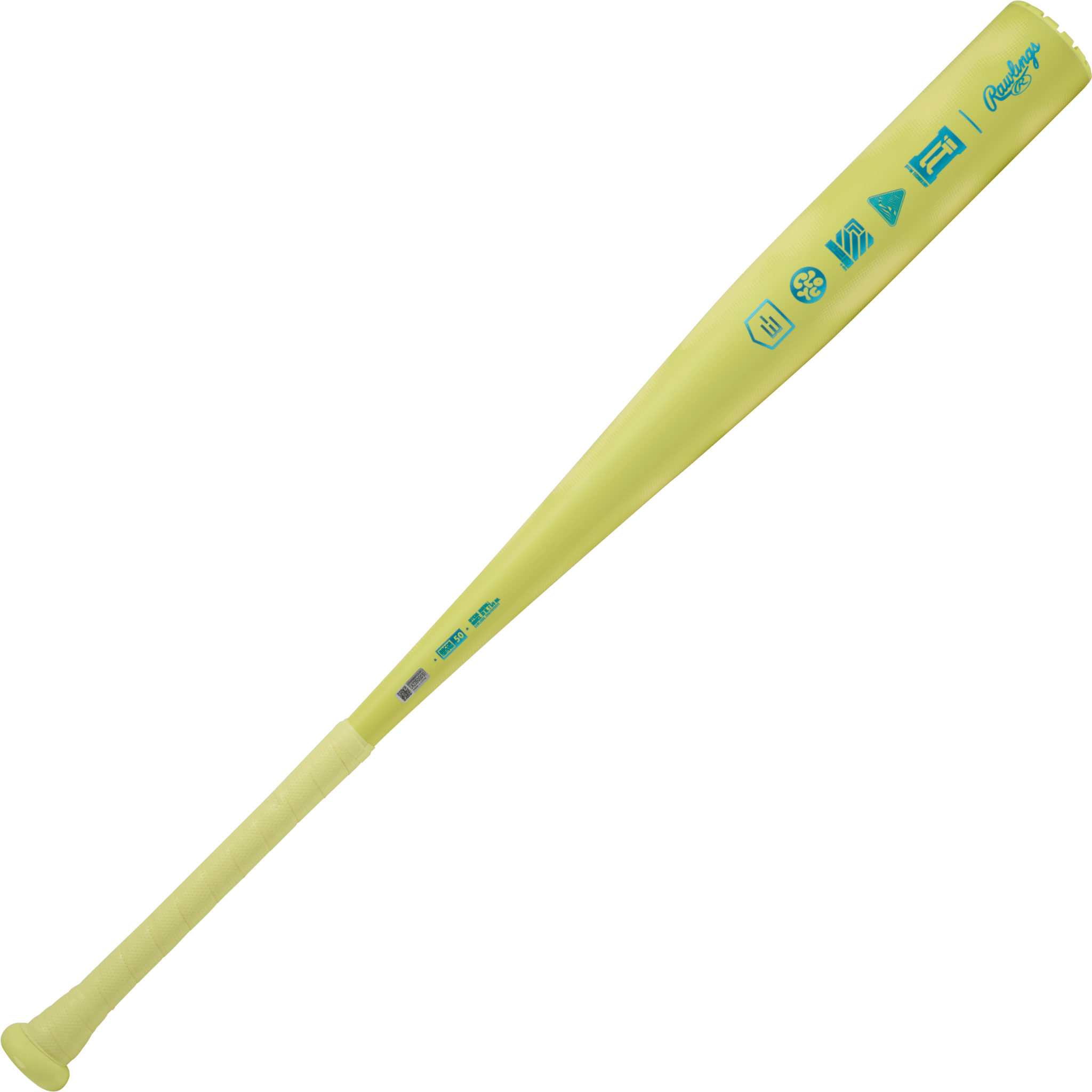 Back view of Rawlings Clout AI BBCOR bat highlighting sleek yellow barrel design and bold graphics