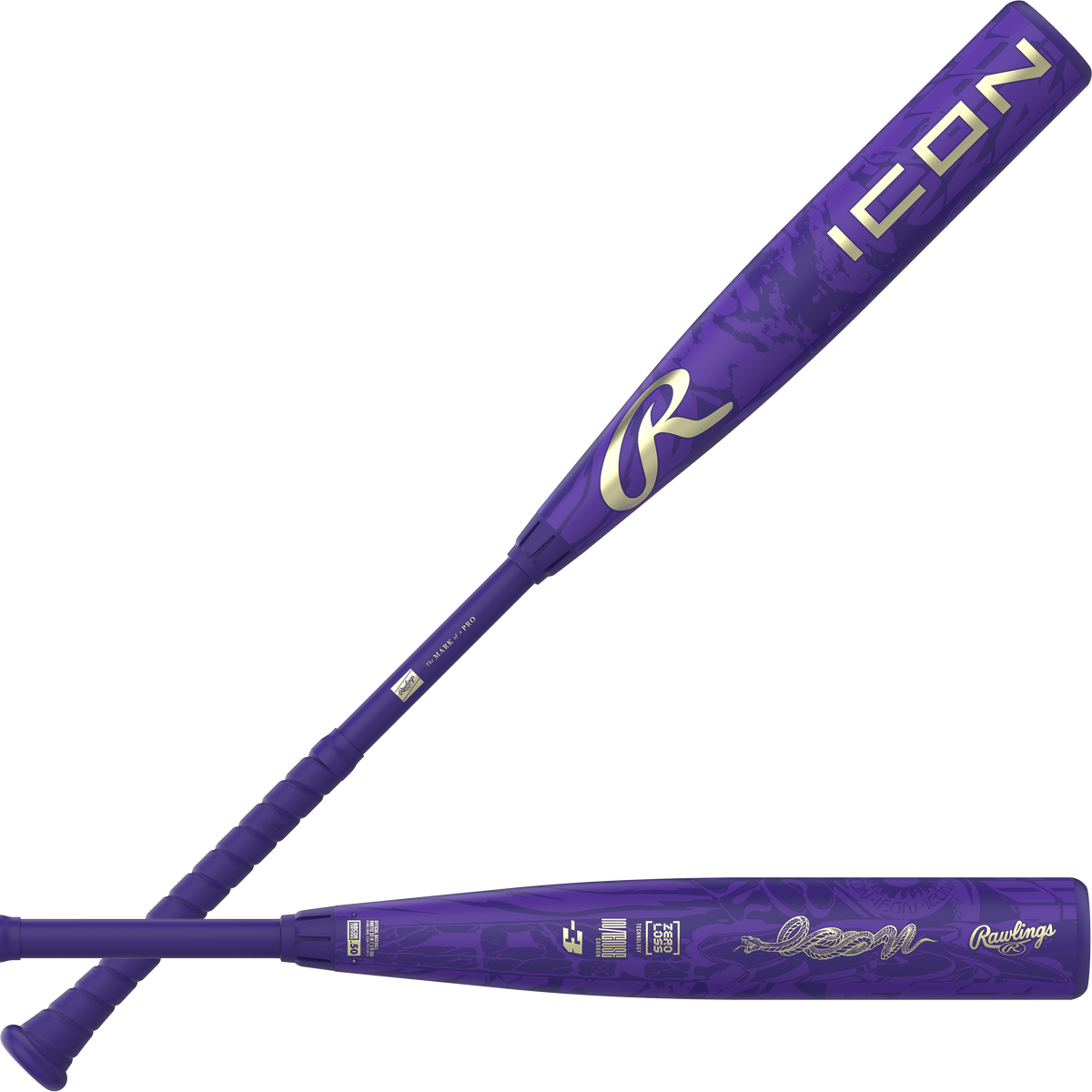 2027 Rawlings Icon -3 BBCOR Baseball Bat combination front/back view showing purple composite barrel, gold graphics and BBCOR .50 certification