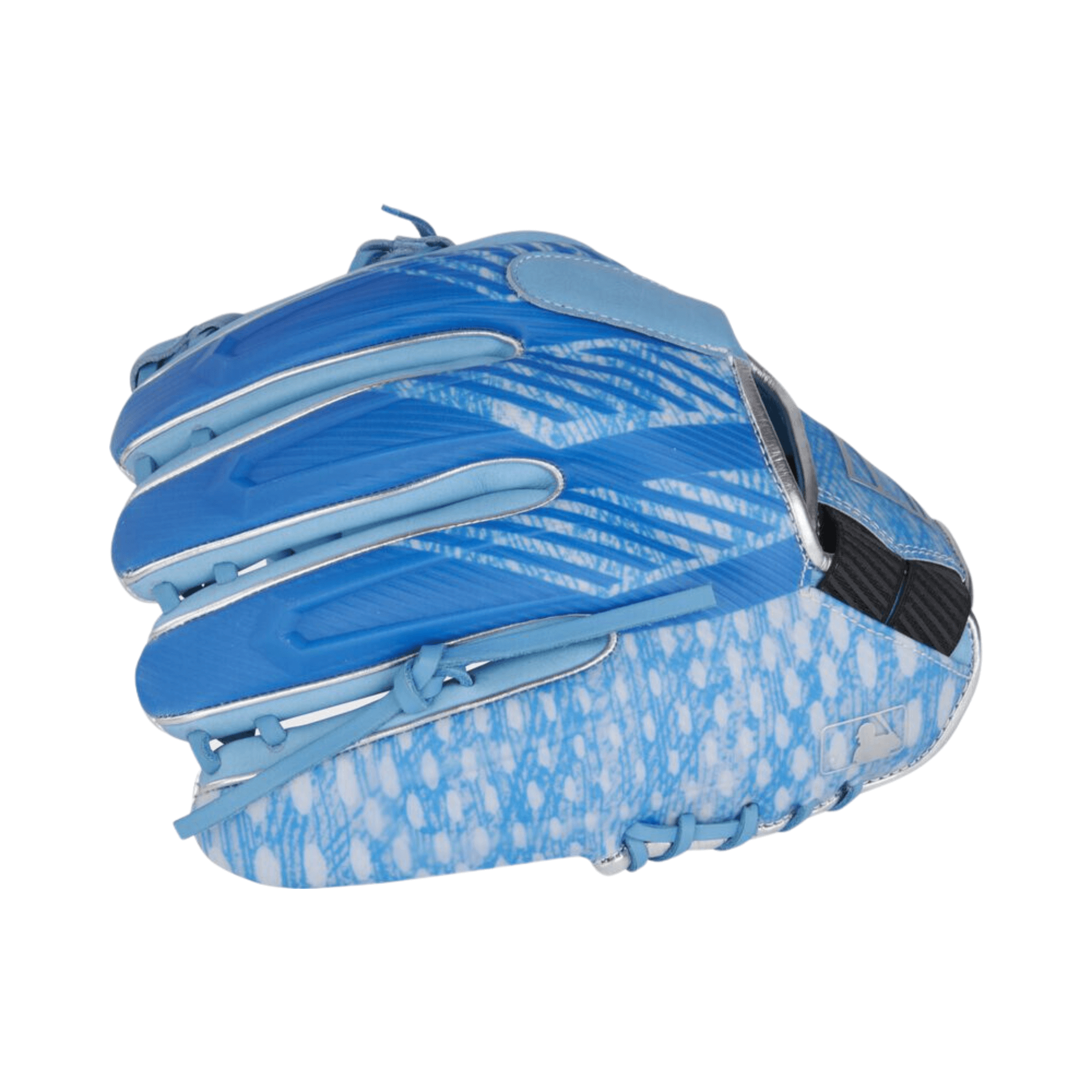 Rawlings REV1X 11.75-inch baseball glove in blue and white with silver accents, showcasing innovative design features.