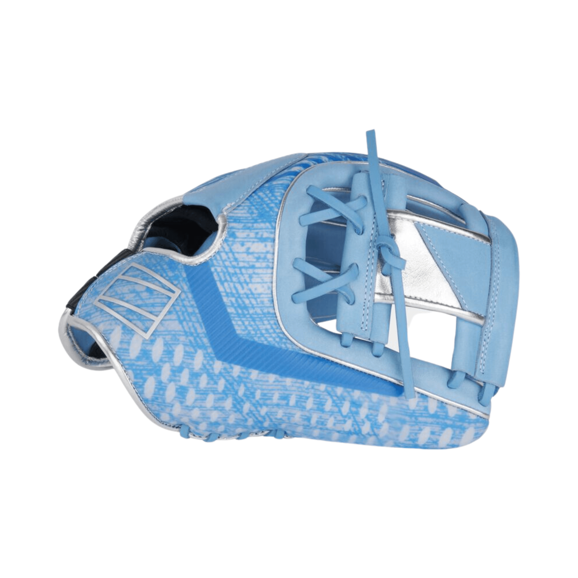 Rawlings REV1X 11.75-inch infield baseball glove in blue and white with silver accents.