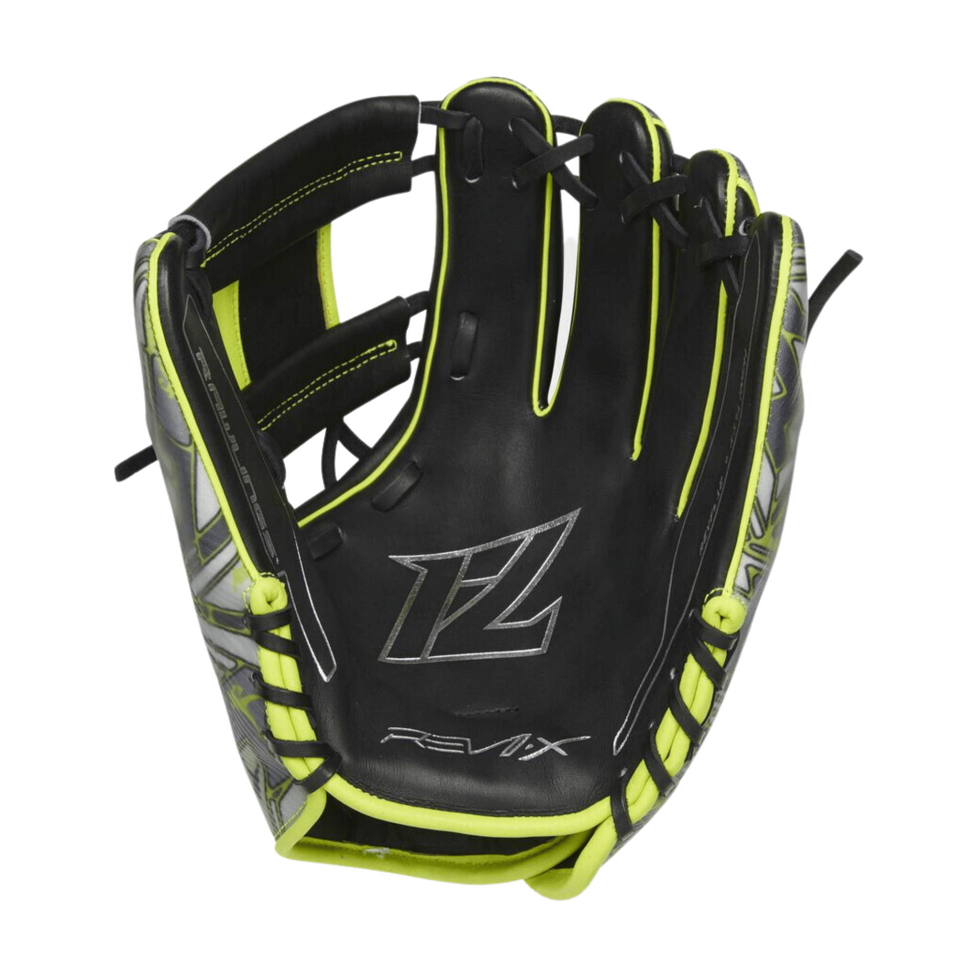 Rawlings REV1X 11.75-inch infield glove with high-quality leather and vibrant lime accents.