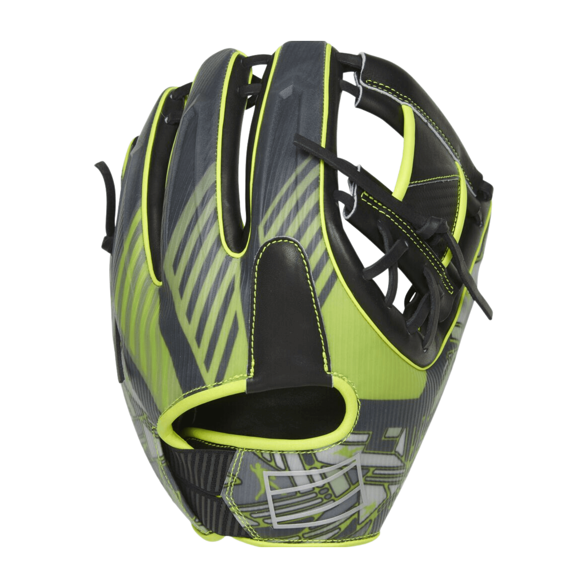 Rawlings REV1X 11.75-inch infield glove in black and neon green, featuring unique lattice design for flexible performance.