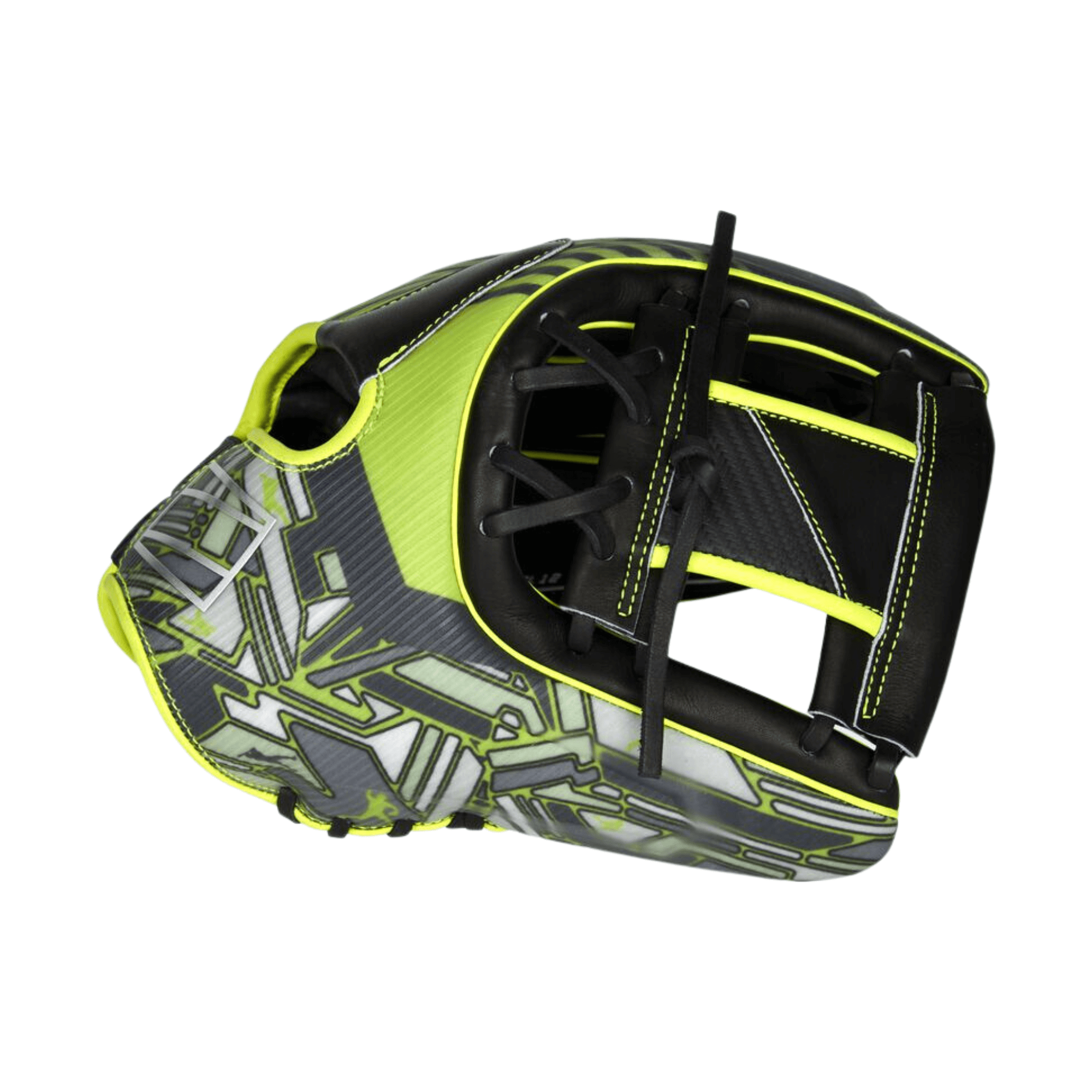 Rawlings REV1X 11.75-inch infield glove in black and neon green with innovative design and high-quality materials.