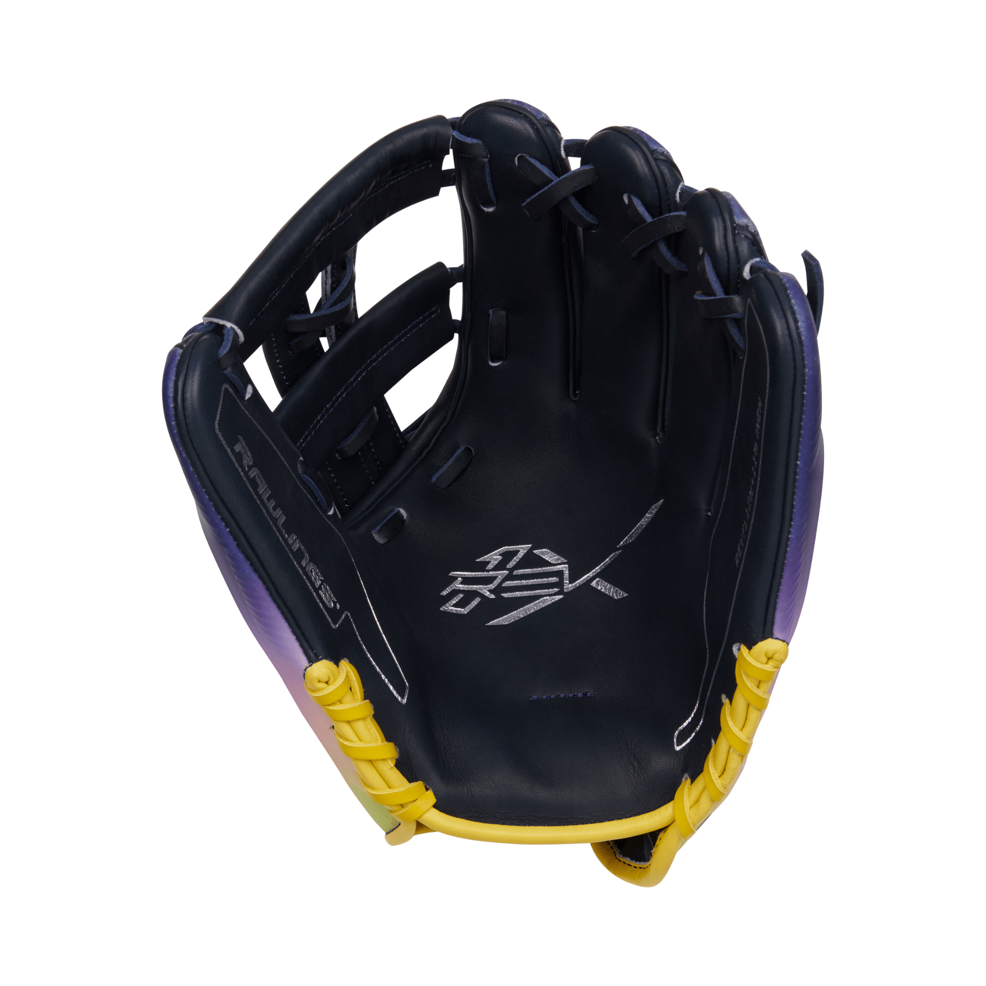 Rawlings REV1X Francisco Lindor gameday glove, 11.75-inch, yellow and navy color scheme, premium Heart of the Hide leather.