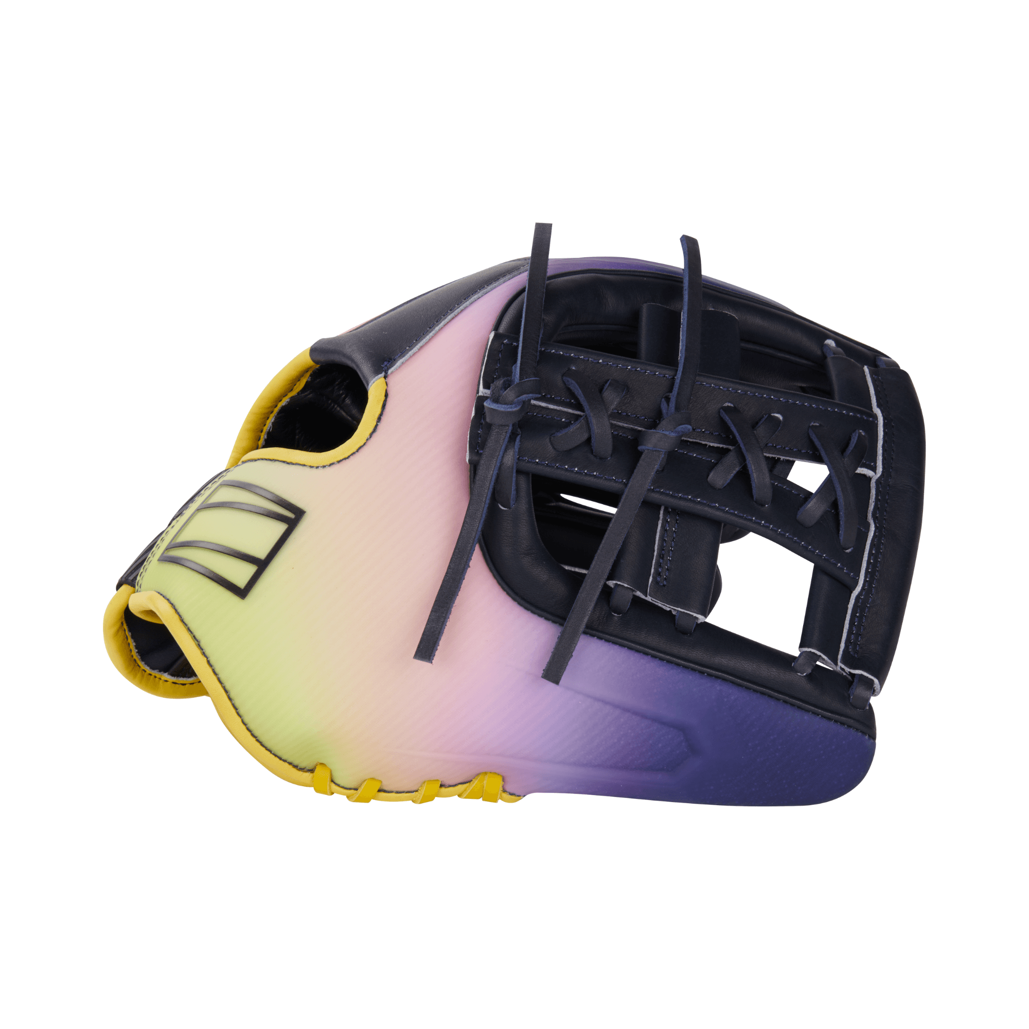 Rawlings REV1X Francisco Lindor 11.75" infield glove in yellow and navy with a gradient shell design.