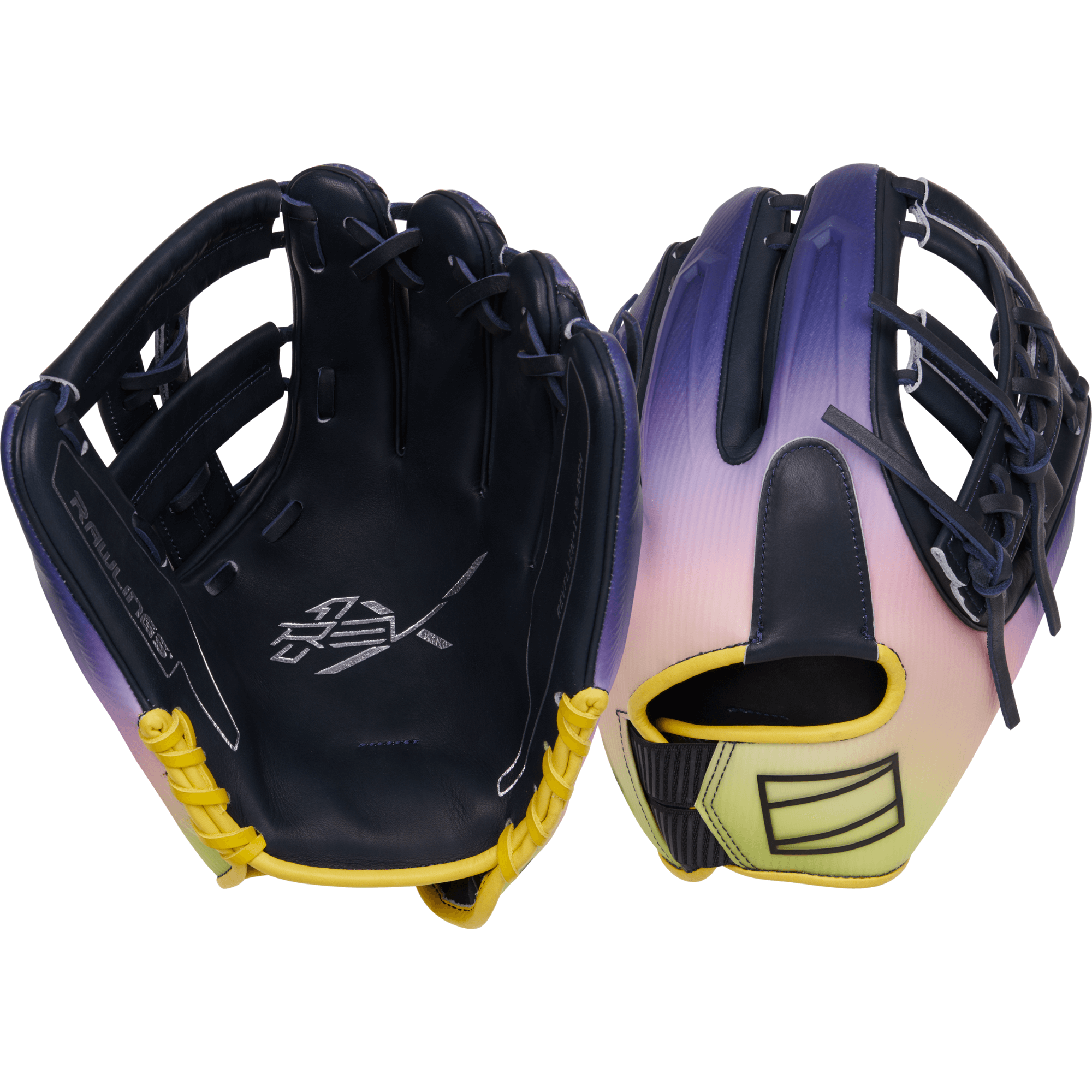 Rawlings REV1X 11.75" infield glove in yellow and navy with a gradient color transition design.