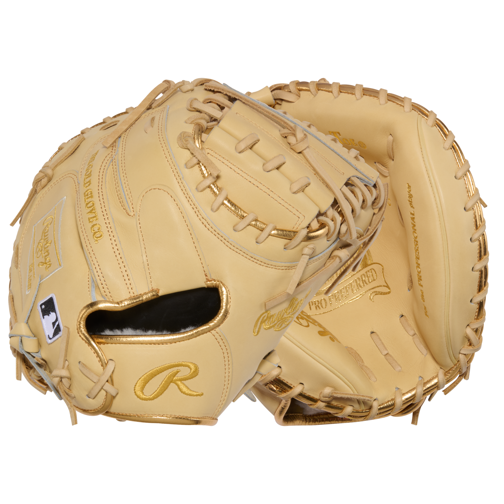 Rawlings Pro Preferred PROSCM43-23CC 34-inch catcher's mitt shown from the front, showing the camel Pro Preferred kip leather shell and gold-tone 1-Piece Solid Web lacing across the pocket.