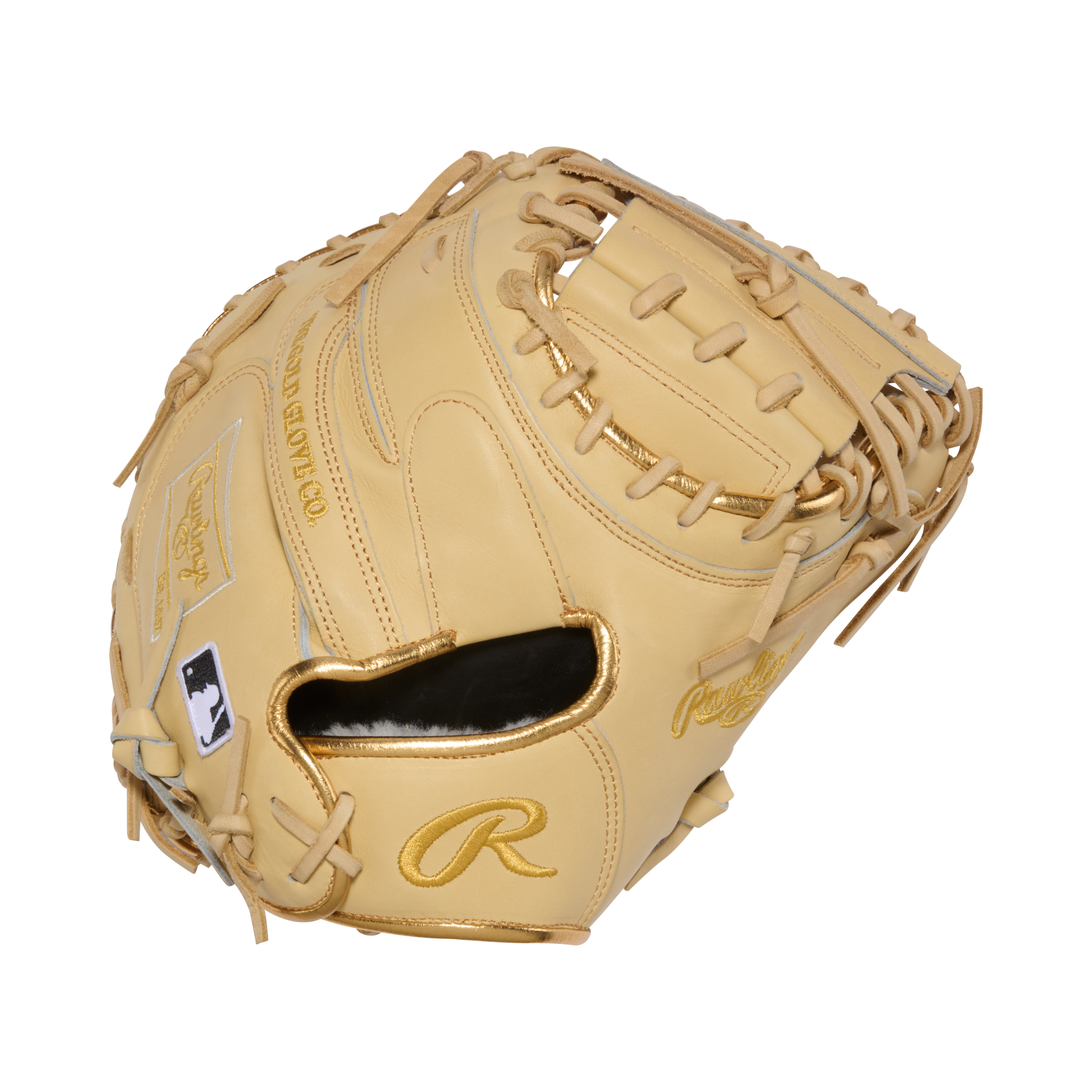 Back three-quarter view of the Rawlings Pro Preferred 34-inch catcher's mitt, showing the MLB silhouette patch and gold-trimmed finger loop near the wrist.