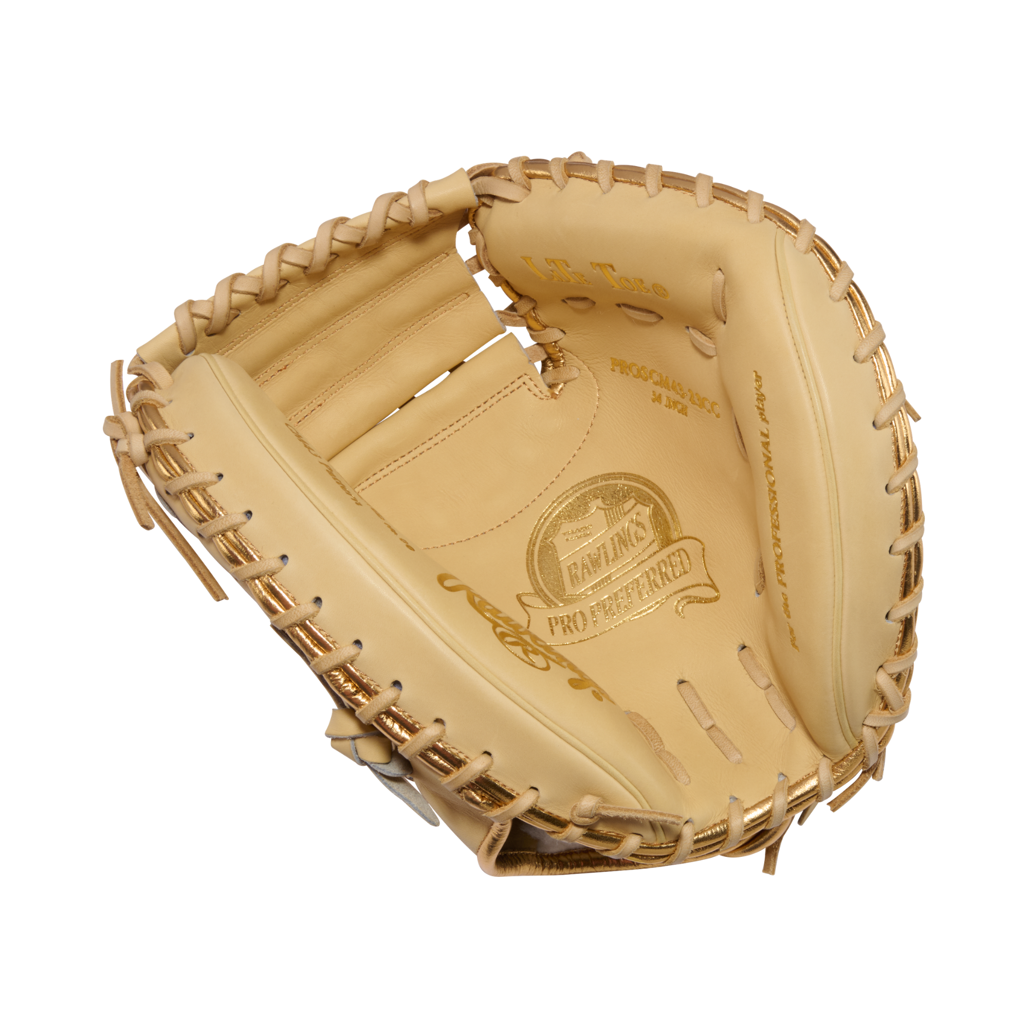Open pocket view of the Rawlings Pro Preferred CM43 catcher's mitt, showing the embossed "PROSCM43-23CC 34 INCH" model stamp and Pro Preferred crest inside the palm.