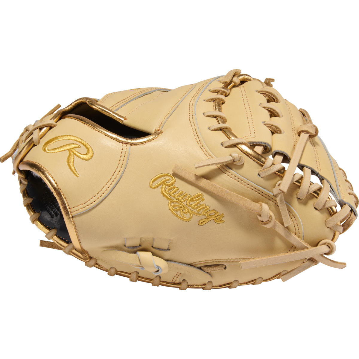 Back of the Rawlings Pro Preferred 34-inch catcher's mitt, showing the gold-embroidered R logo and Rawlings script above the wrist opening.