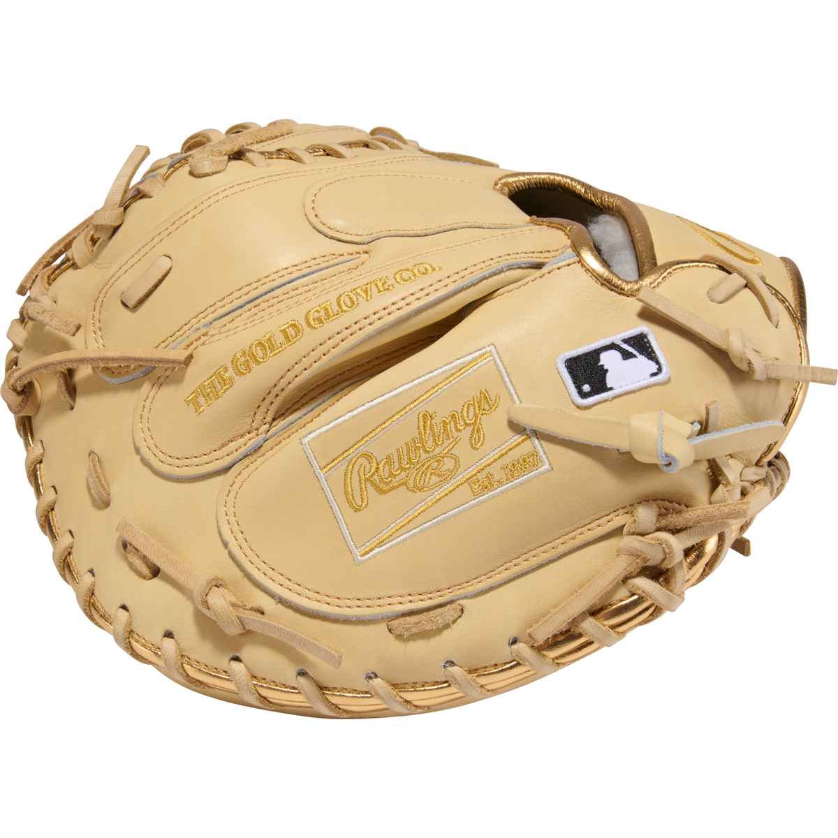 Close-up of the back panel of the Rawlings Pro Preferred 34-inch catcher's mitt showing "The Gold Glove Co." embossed lettering and the Rawlings Est. 1887 patch.