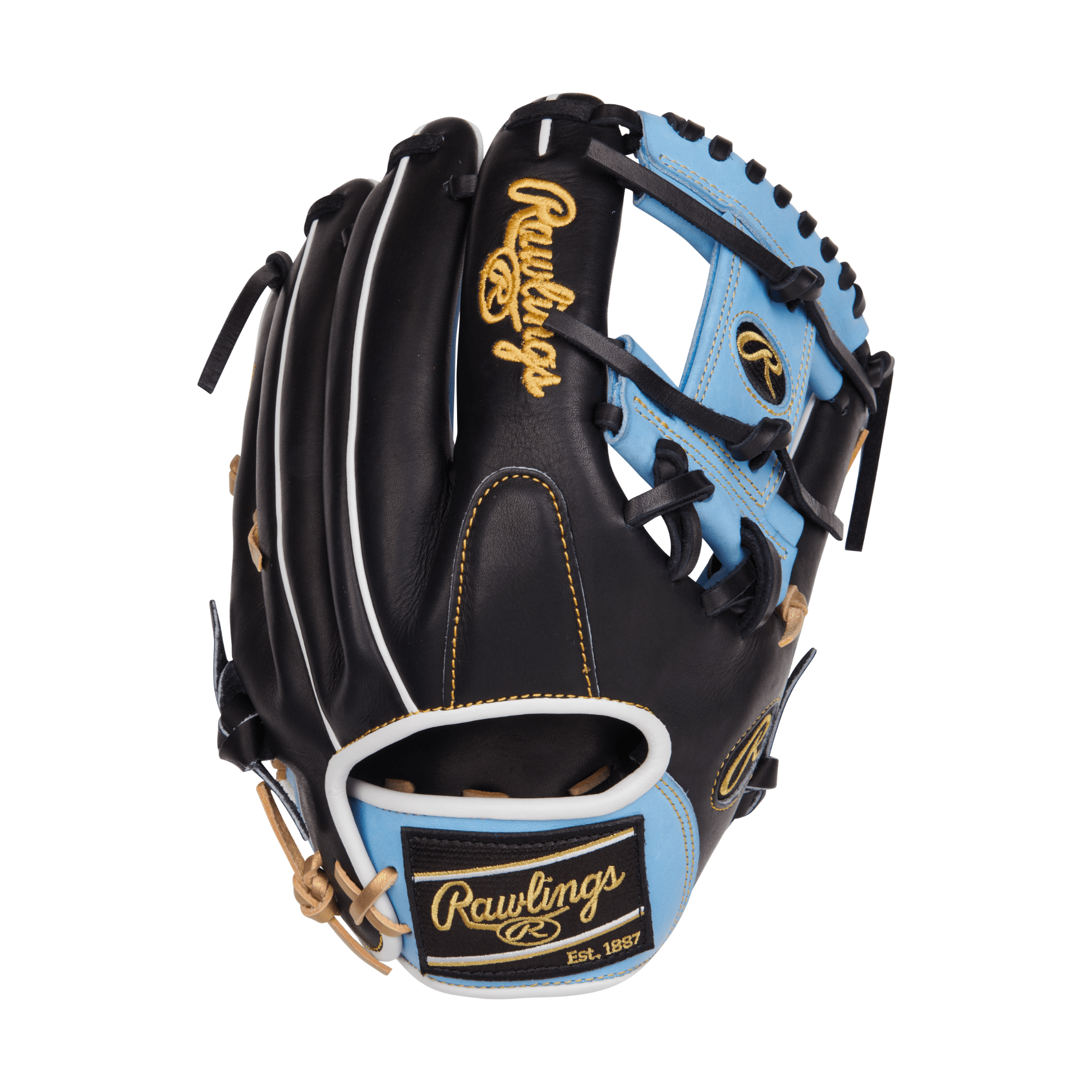 Rawlings Heart Of The Hide R2G Technology Baseball Glove 11.75" in black and Columbia blue with gold accents.