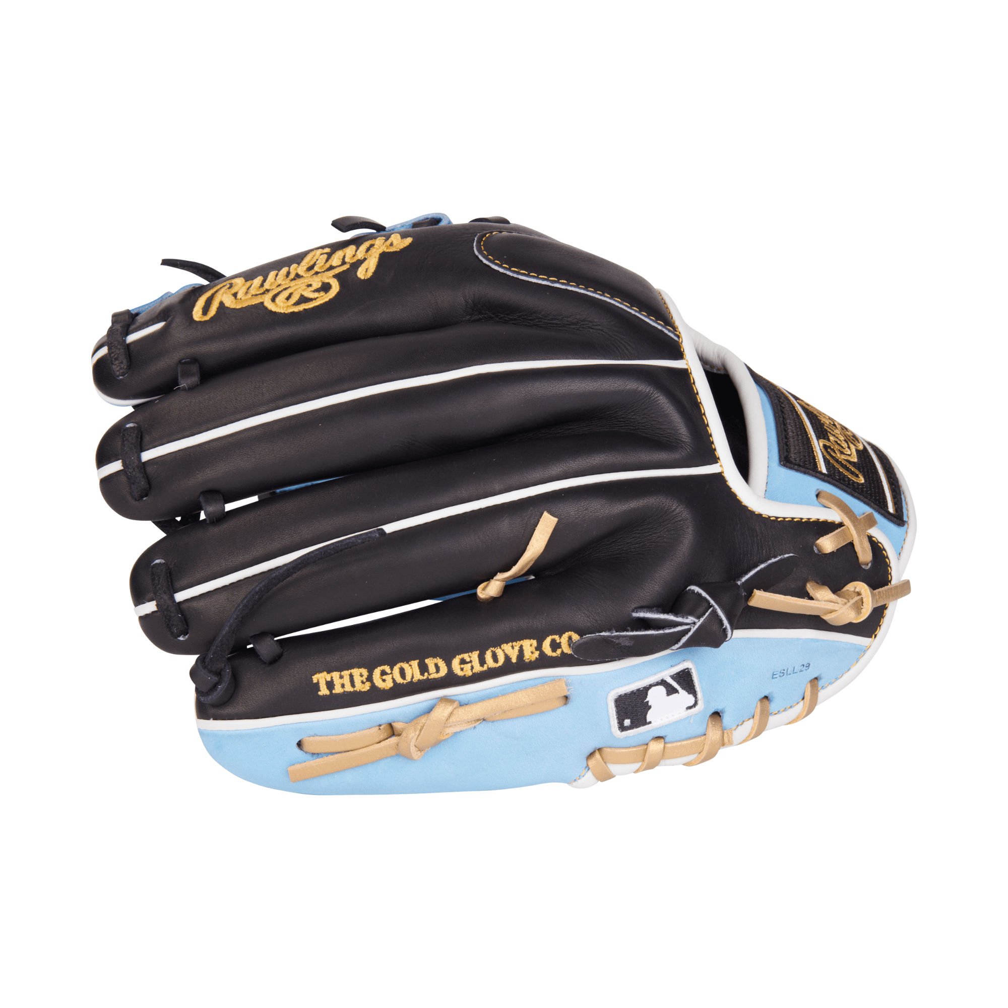 Rawlings Heart Of The Hide R2G Series baseball glove in black, Columbia blue, and gold, showcasing premium leather craftsmanship.