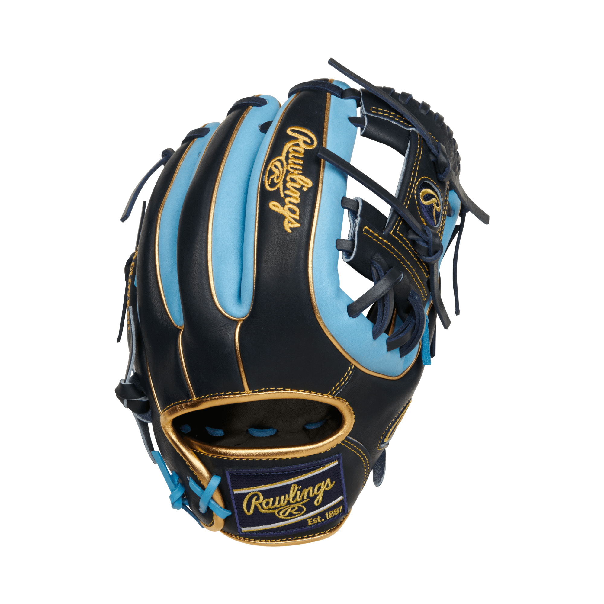 Rawlings Heart Of The Hide R2G 11.5" Baseball Glove in black and Columbia blue with premium leather design.