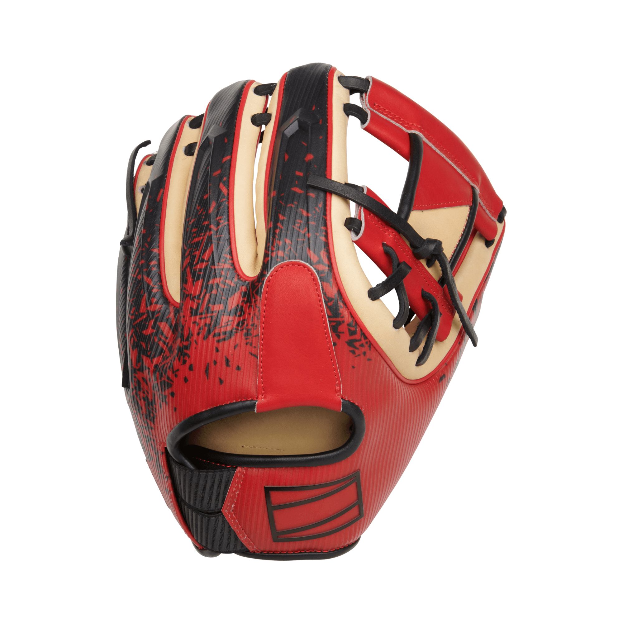 Rawlings REV1X Series 11.5-inch RHT baseball glove in scarlet and camel with black accents.
