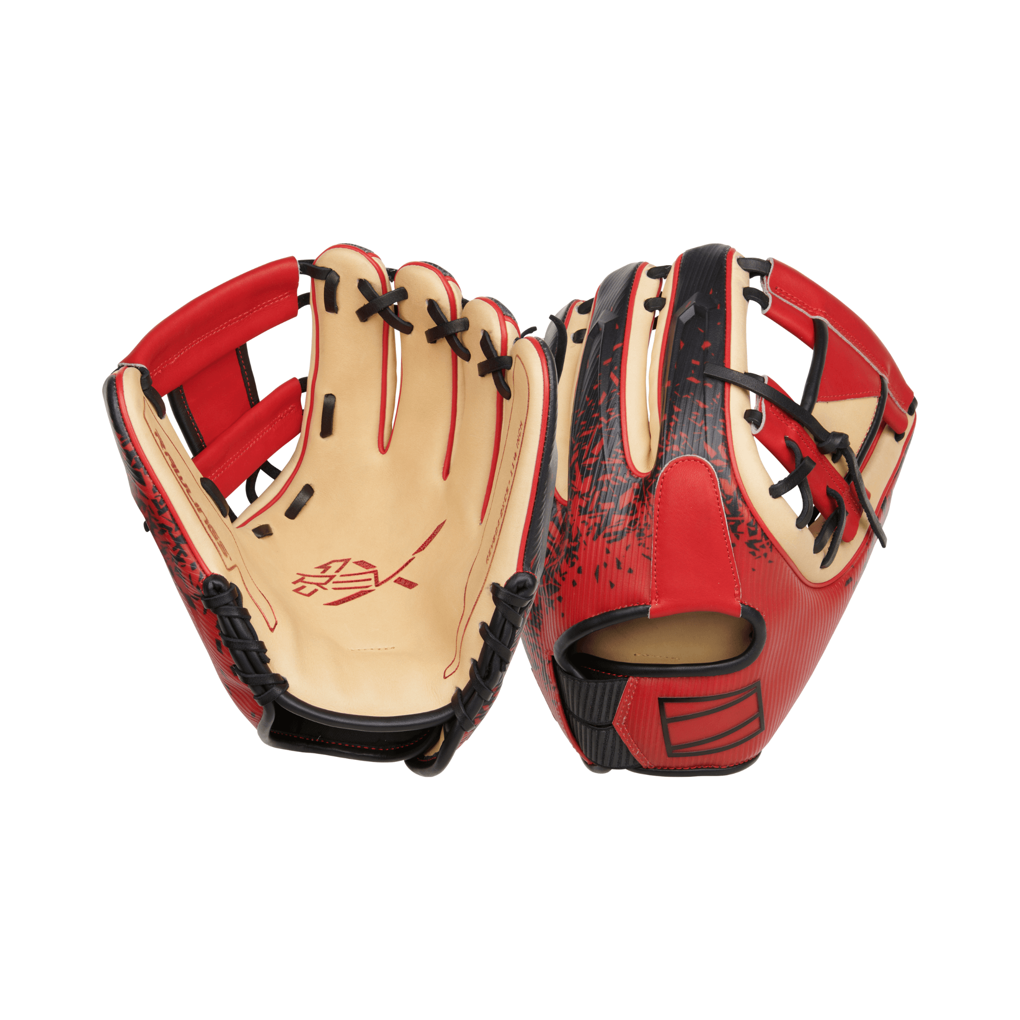 Rawlings REV1X 11.5-inch baseball glove in scarlet and camel with black accents, showcasing advanced design features.