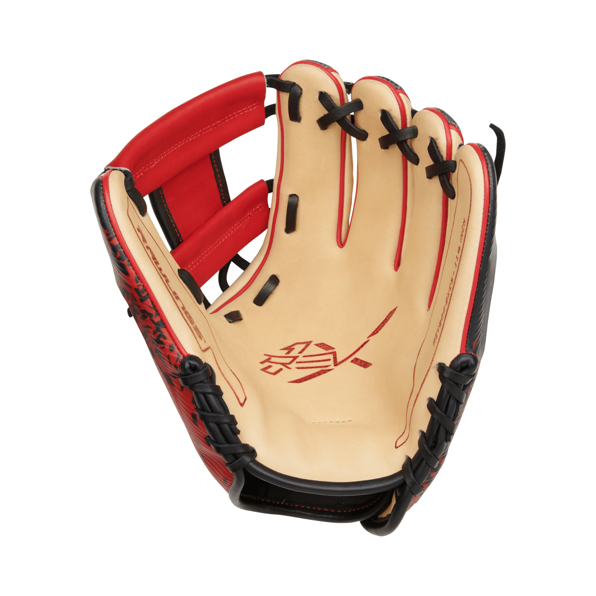 Rawlings REV1X Series 11.5-inch RHT baseball glove in scarlet and camel with black accents, designed for infield performance.