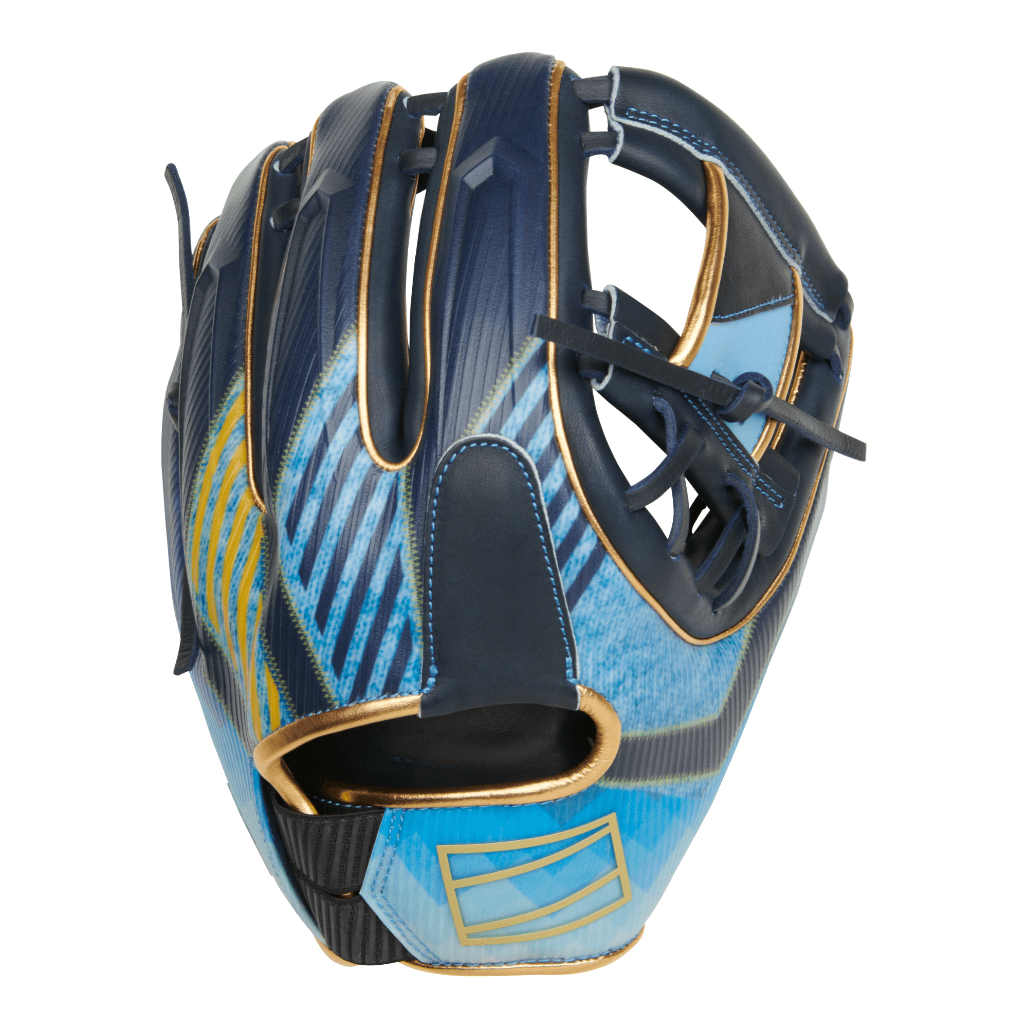 Rawlings REV1X 11.5-inch infield glove in blue and gold colorway, showcasing its advanced design and craftsmanship.