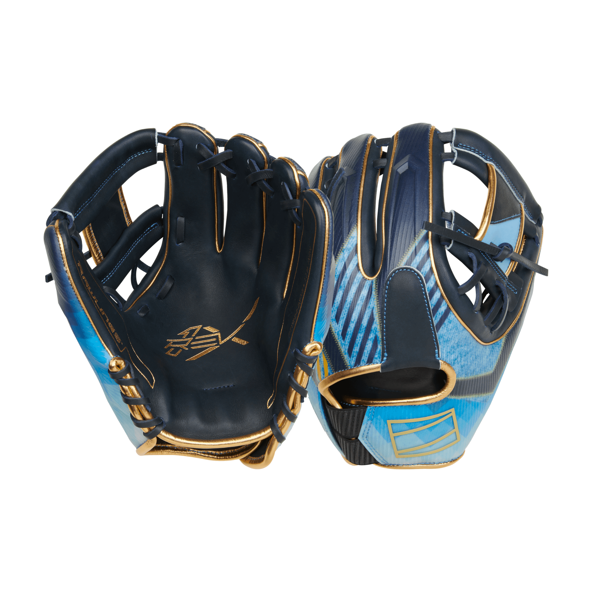 Rawlings REV1X 11.5-inch infield glove in blue and gold colorway, showcasing advanced technology and unique design.