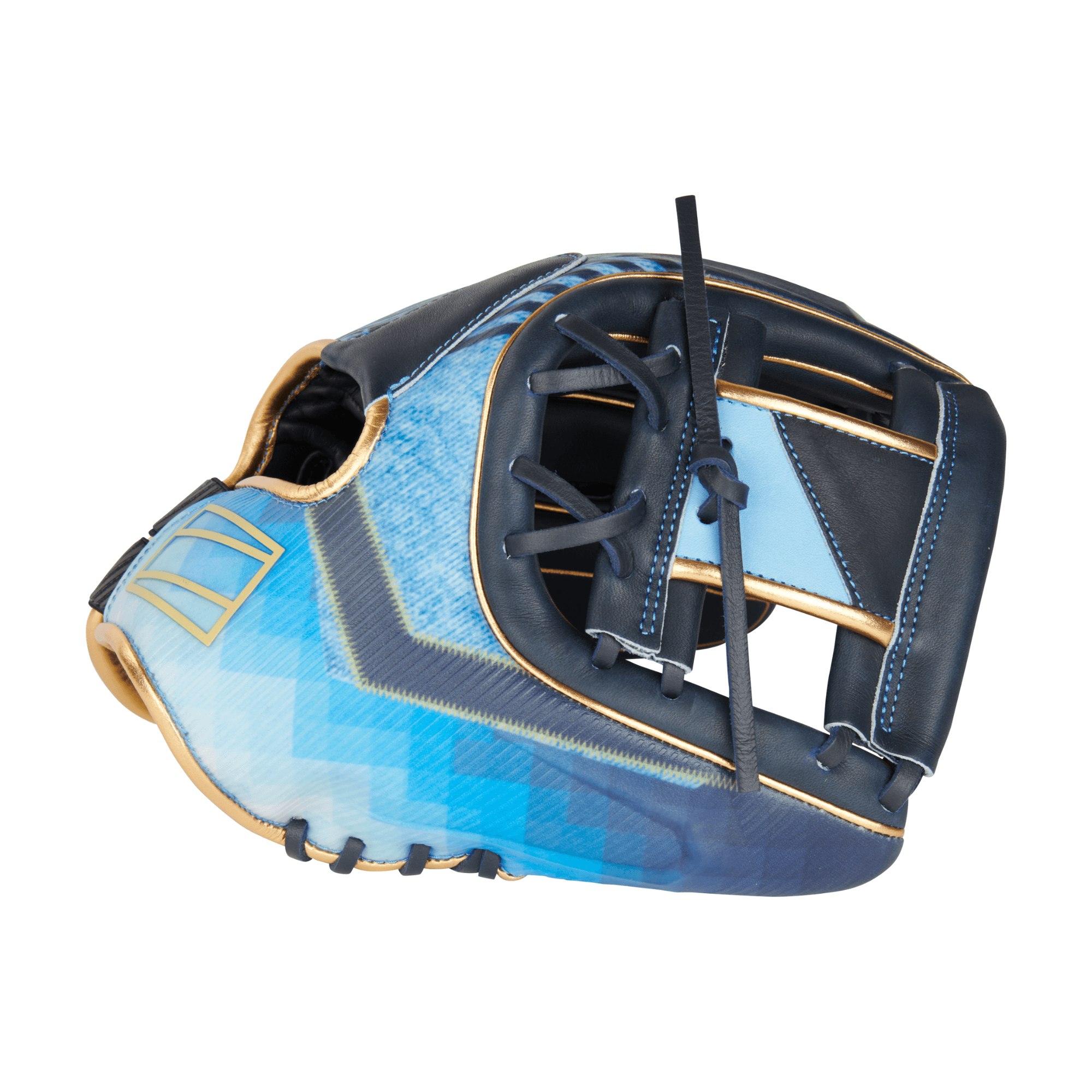 Rawlings REV1X 11.5-inch infield glove in blue and gold colorway, showcasing advanced design and technology.