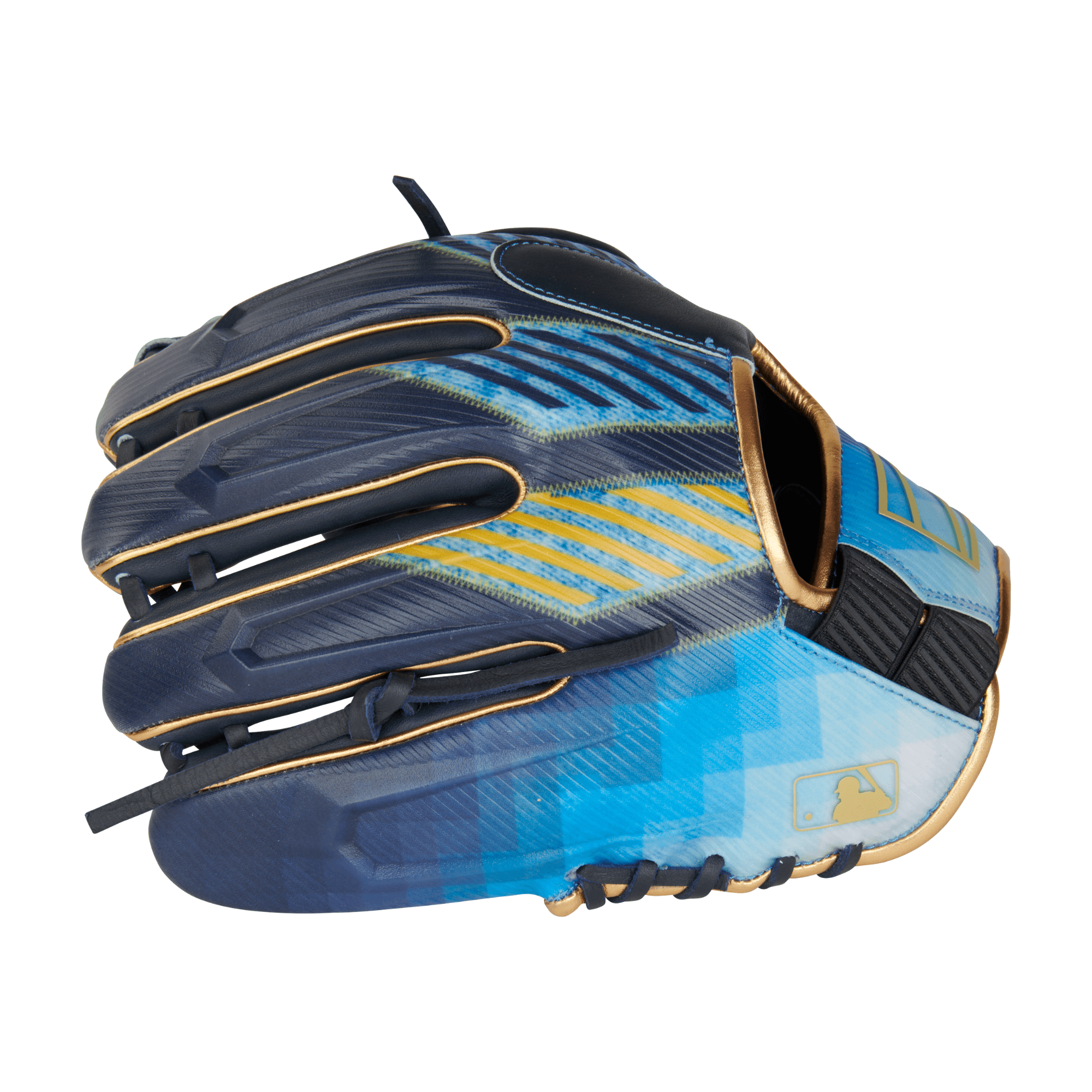 Rawlings REV1X 11.5-inch infield glove in blue and gold colorway, showcasing advanced technology and design.