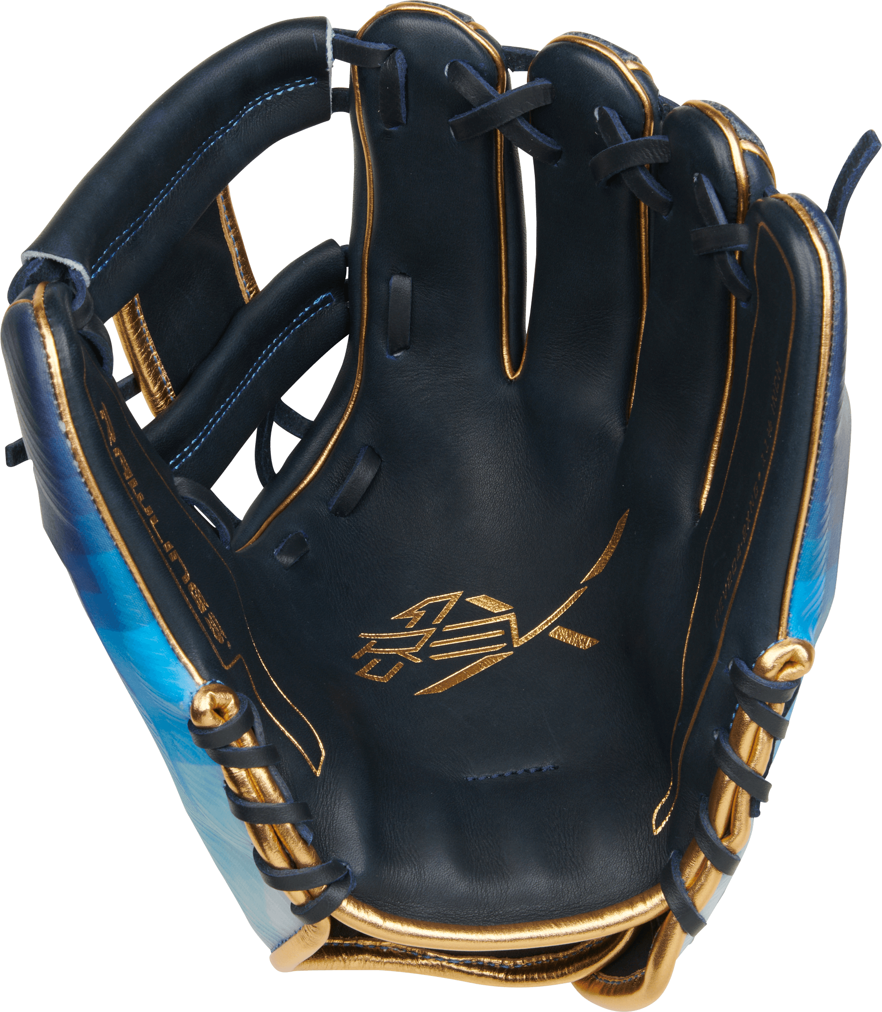 Rawlings REV1X 11.5" infield glove in blue and gold, showcasing advanced design and craftsmanship.