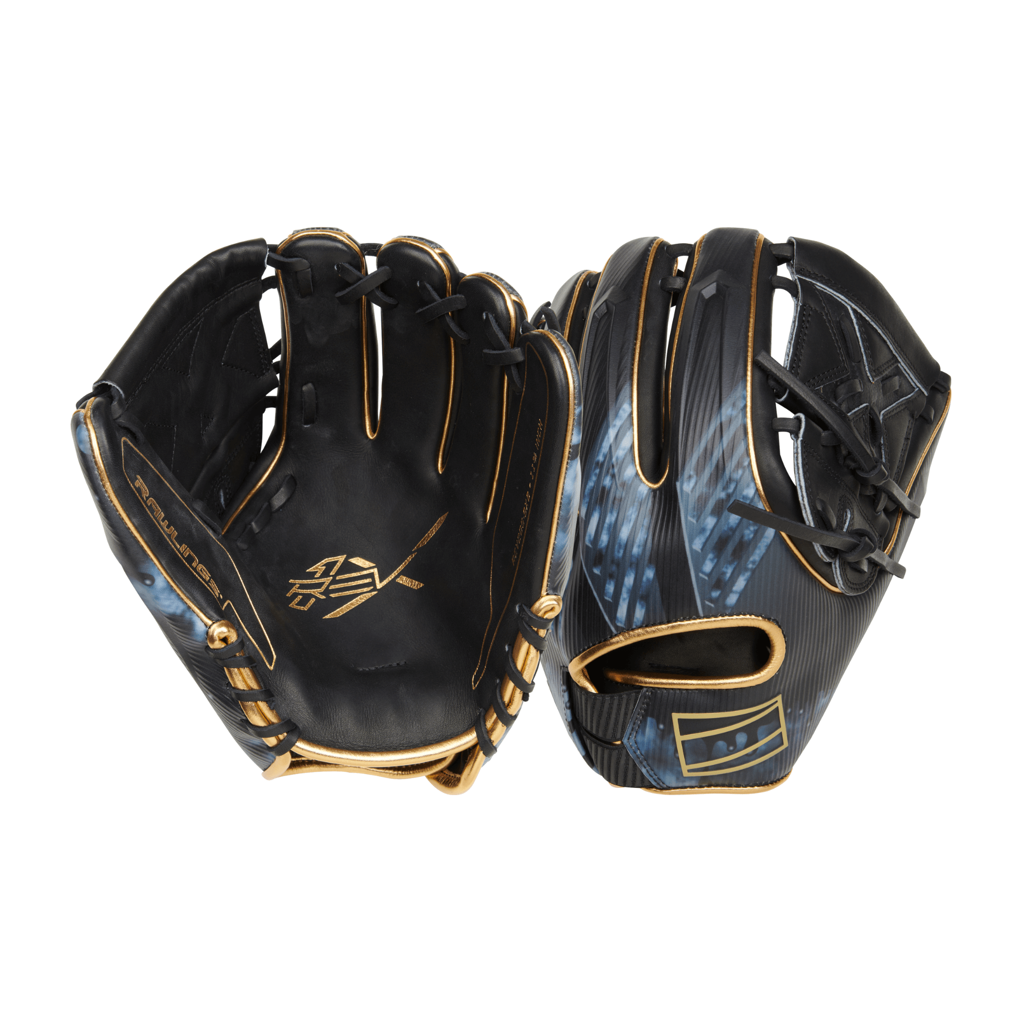 Rawlings REV1X Infield/Pitcher's Glove 11.75" LHT with ink-drip black colorway and gold accents.