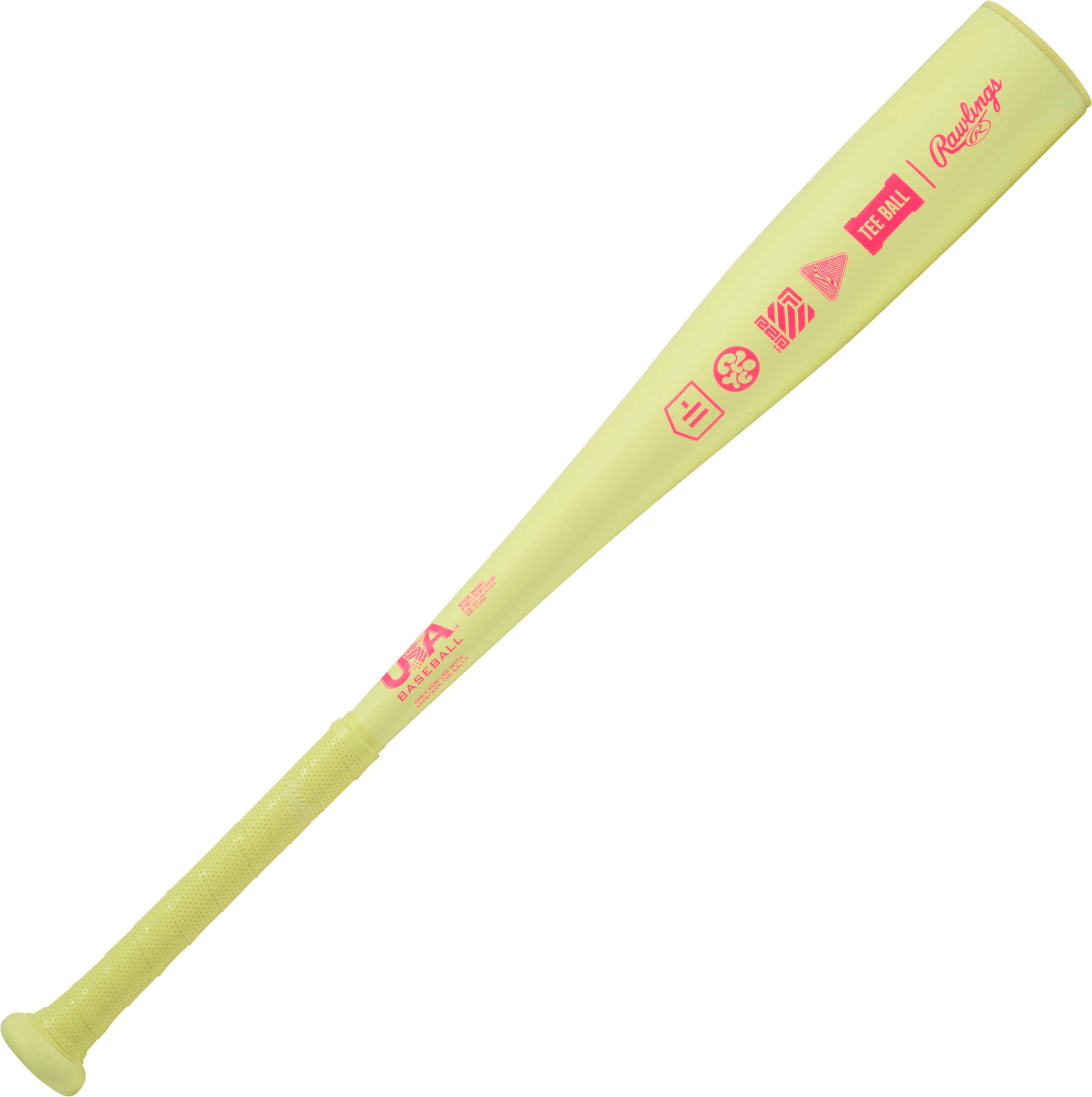 Side profile of 2026 Rawlings Clout (-11) USA T-Ball Baseball Bat in bright yellow with pink graphics and USA certification stamp.