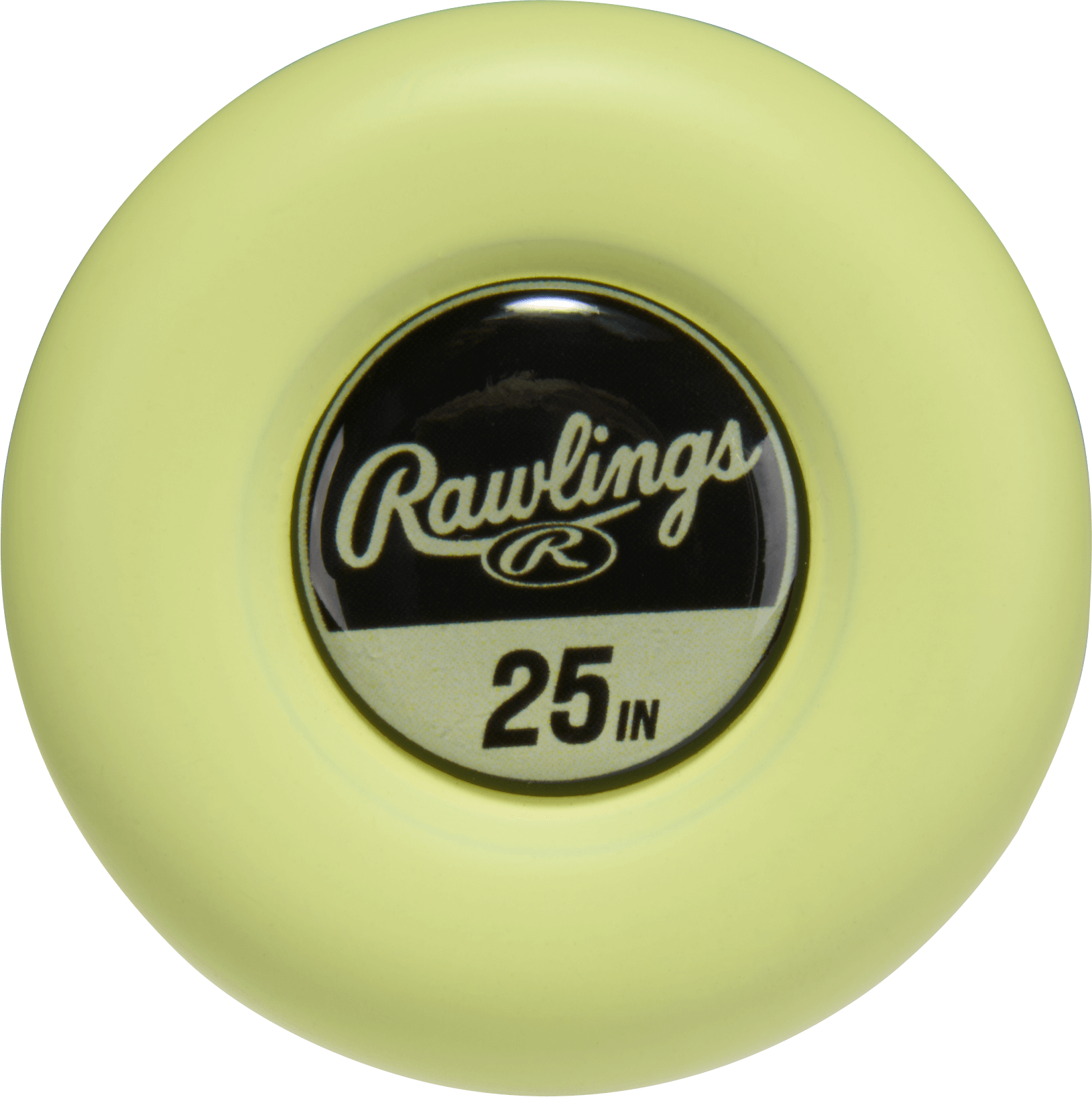 End cap view of 2026 Rawlings Clout (-11) USA T-Ball Baseball Bat showing Rawlings logo and 25-inch marking on green cap.