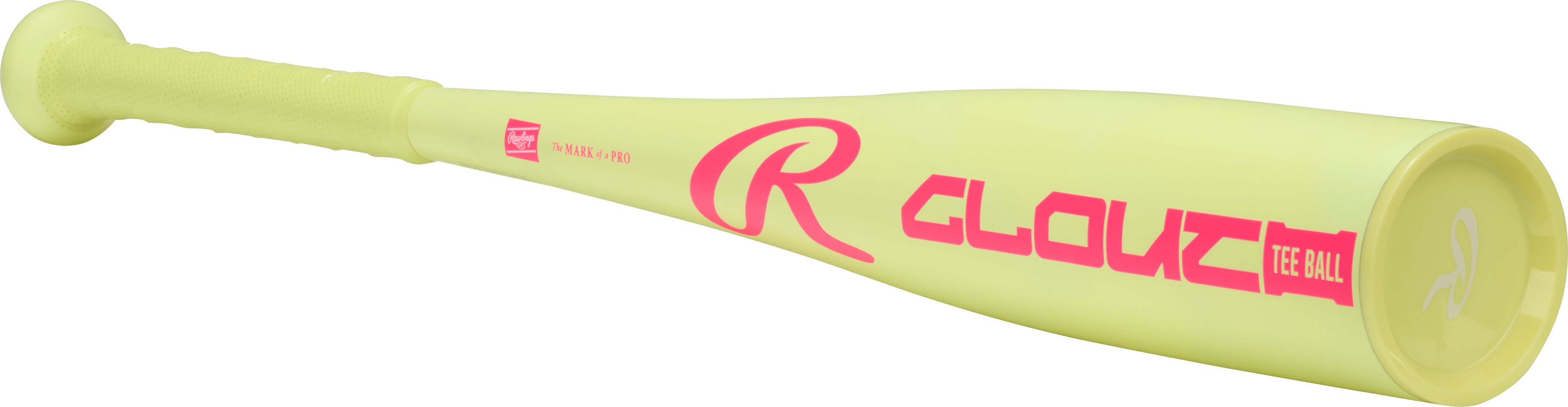 Barrel close-up of 2026 Rawlings Clout (-11) USA T-Ball Baseball Bat with yellow finish and pink graphics.