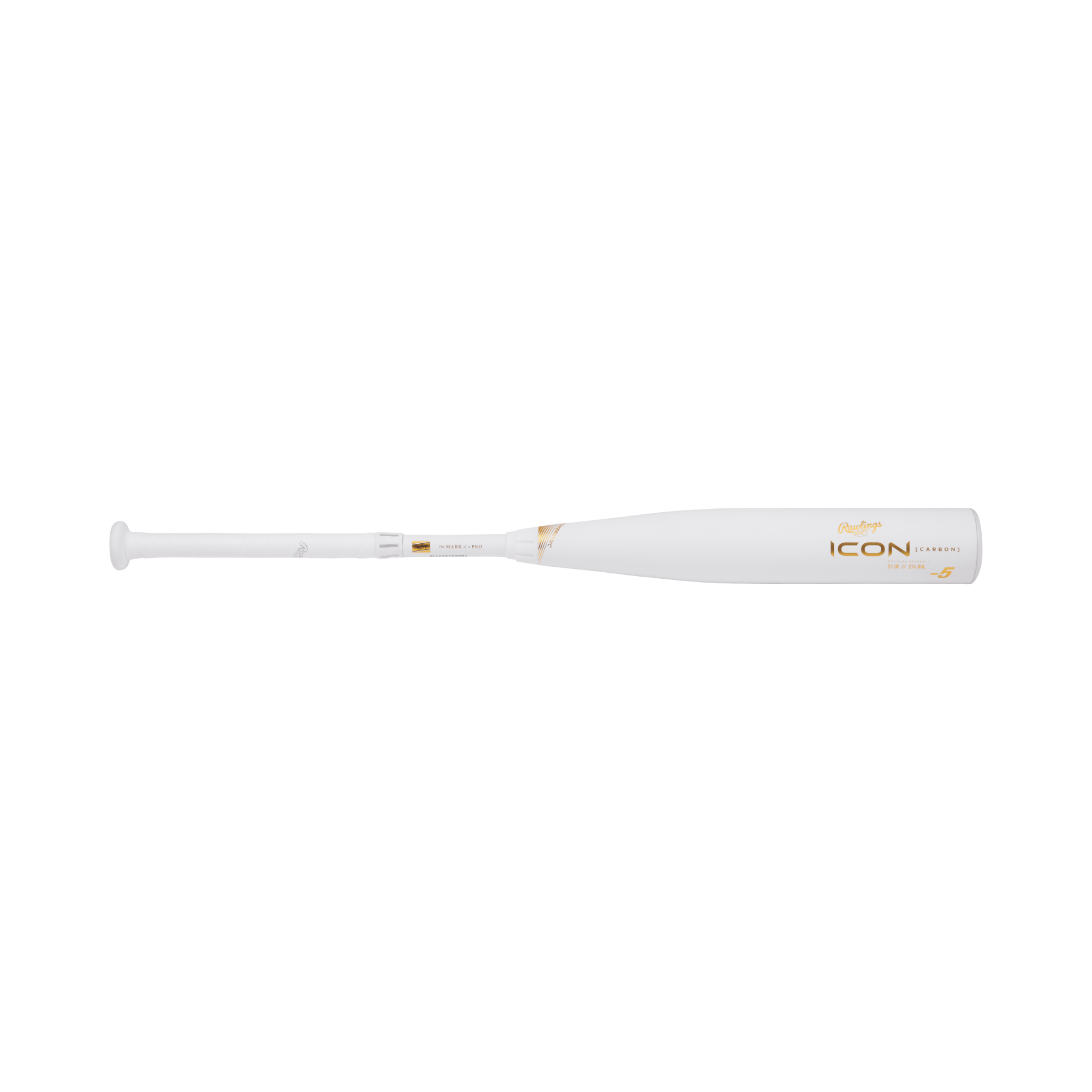 Rawlings Icon -5 USSSA youth baseball bat with a 2 3/4" barrel in white and gold, featuring a tapered handle design.