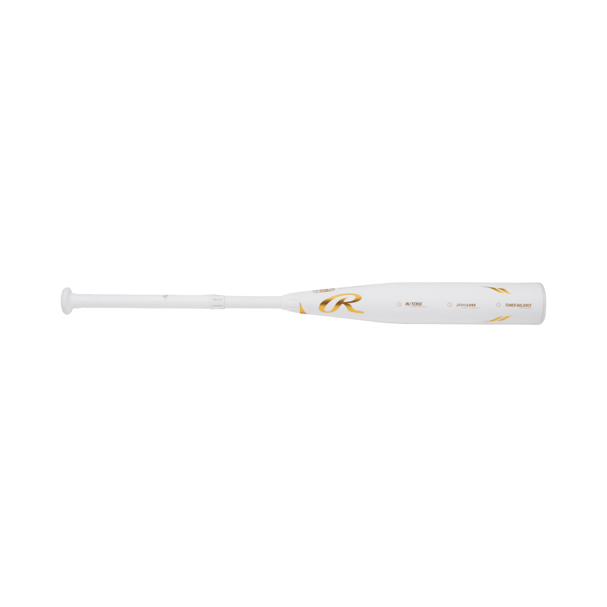 Rawlings Icon -5 youth baseball bat with 2 3/4" barrel, featuring a white design and gold accents for enhanced performance.
