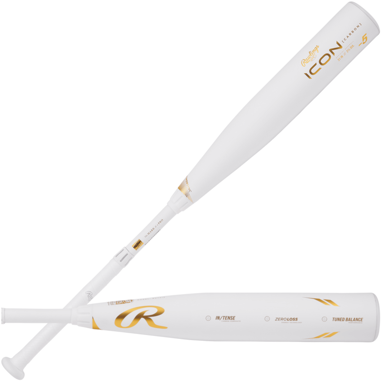 Rawlings Icon -5 USSSA youth baseball bat with 2 3/4 inch barrel, featuring In/Tense carbon composite design.