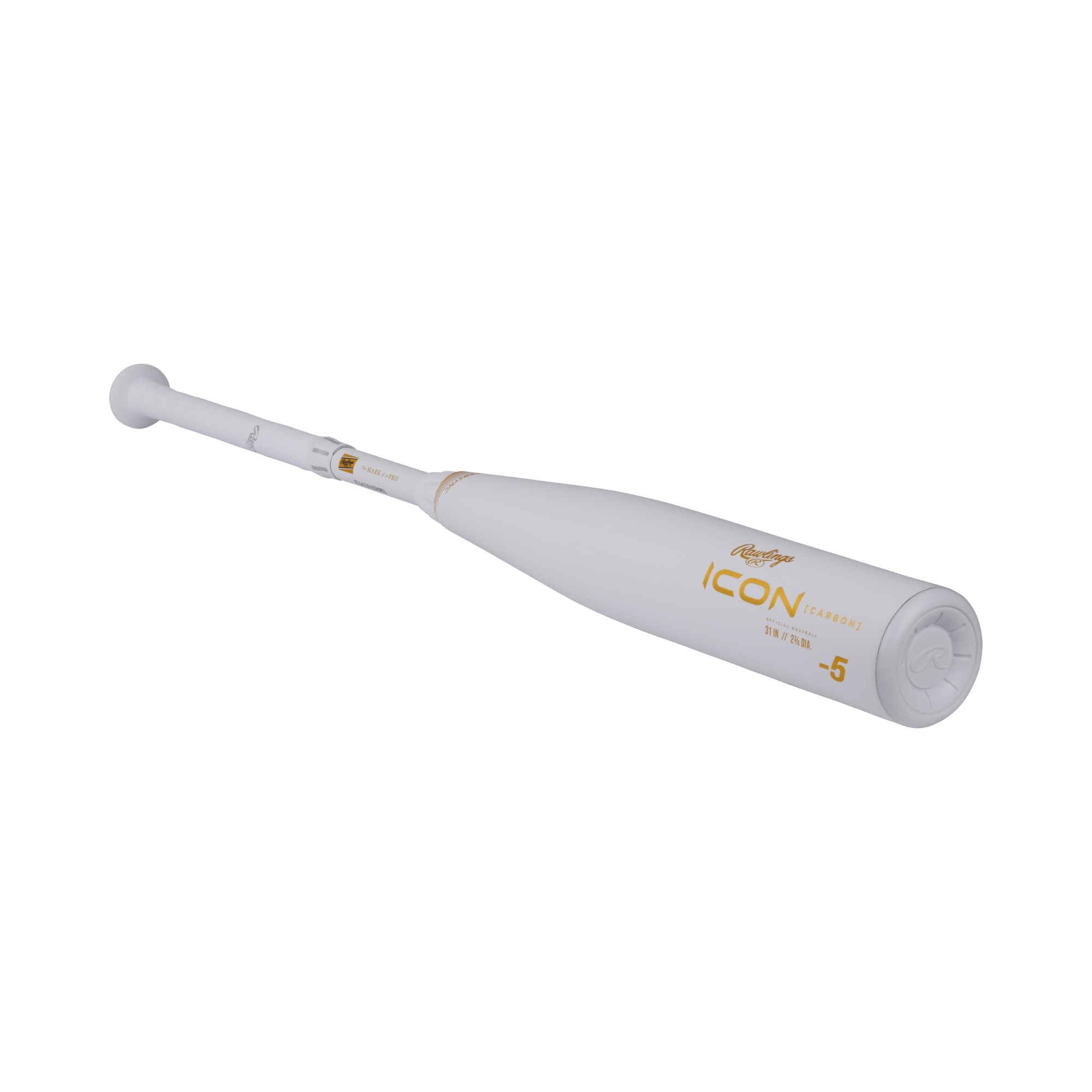 Rawlings Icon -5 USSSA youth baseball bat with a 2 3/4" barrel, featuring a sleek white design and flexible handle.