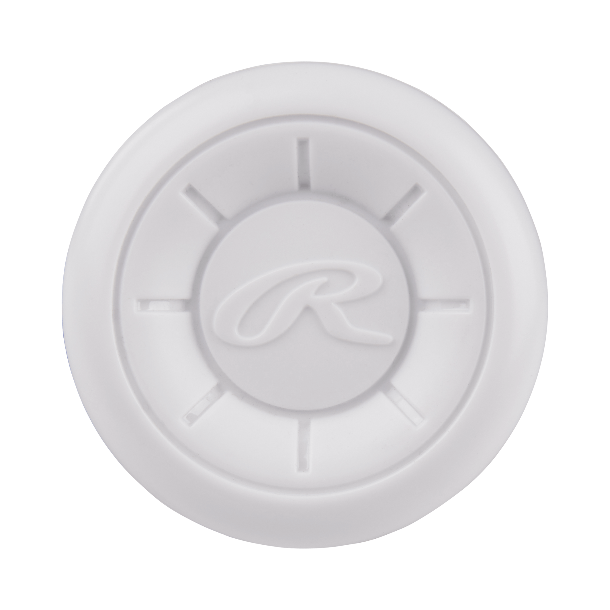 Rawlings white baseball bat knob, featuring embossed logo and a round design for enhanced grip and performance.