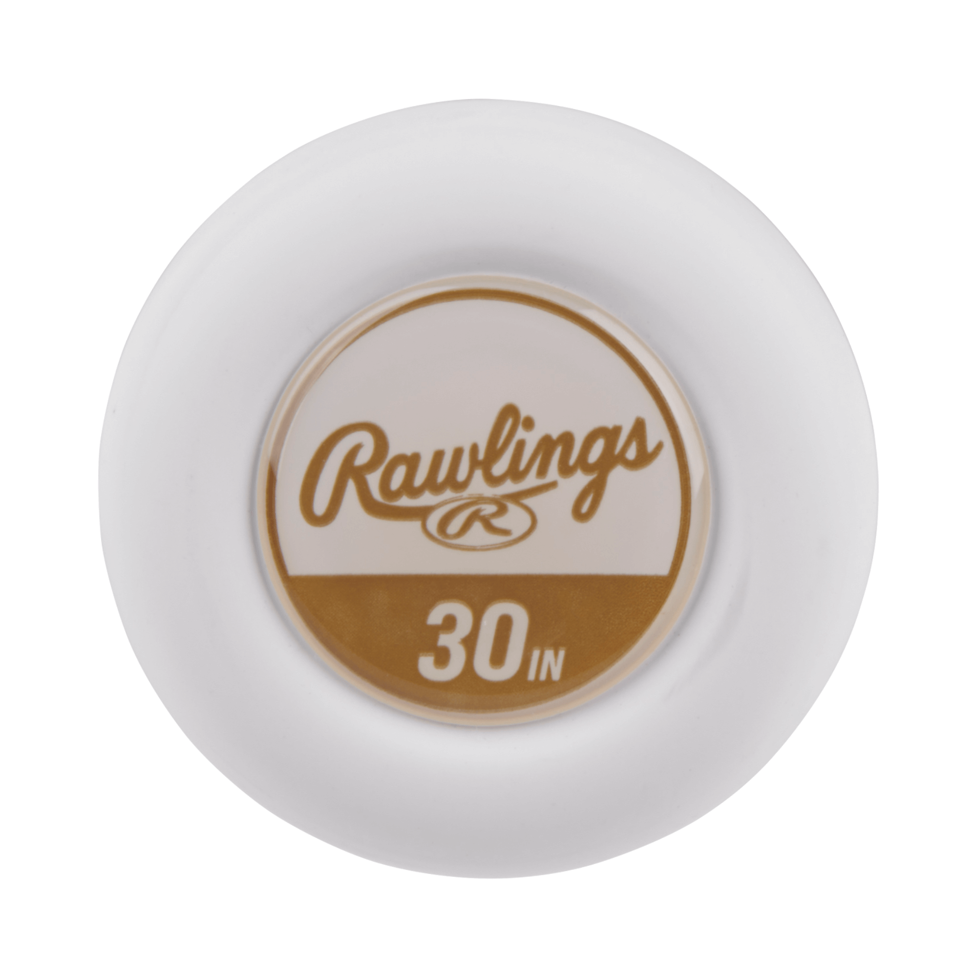 Rawlings 30-inch baseball bat end cap featuring a white design with gold lettering.