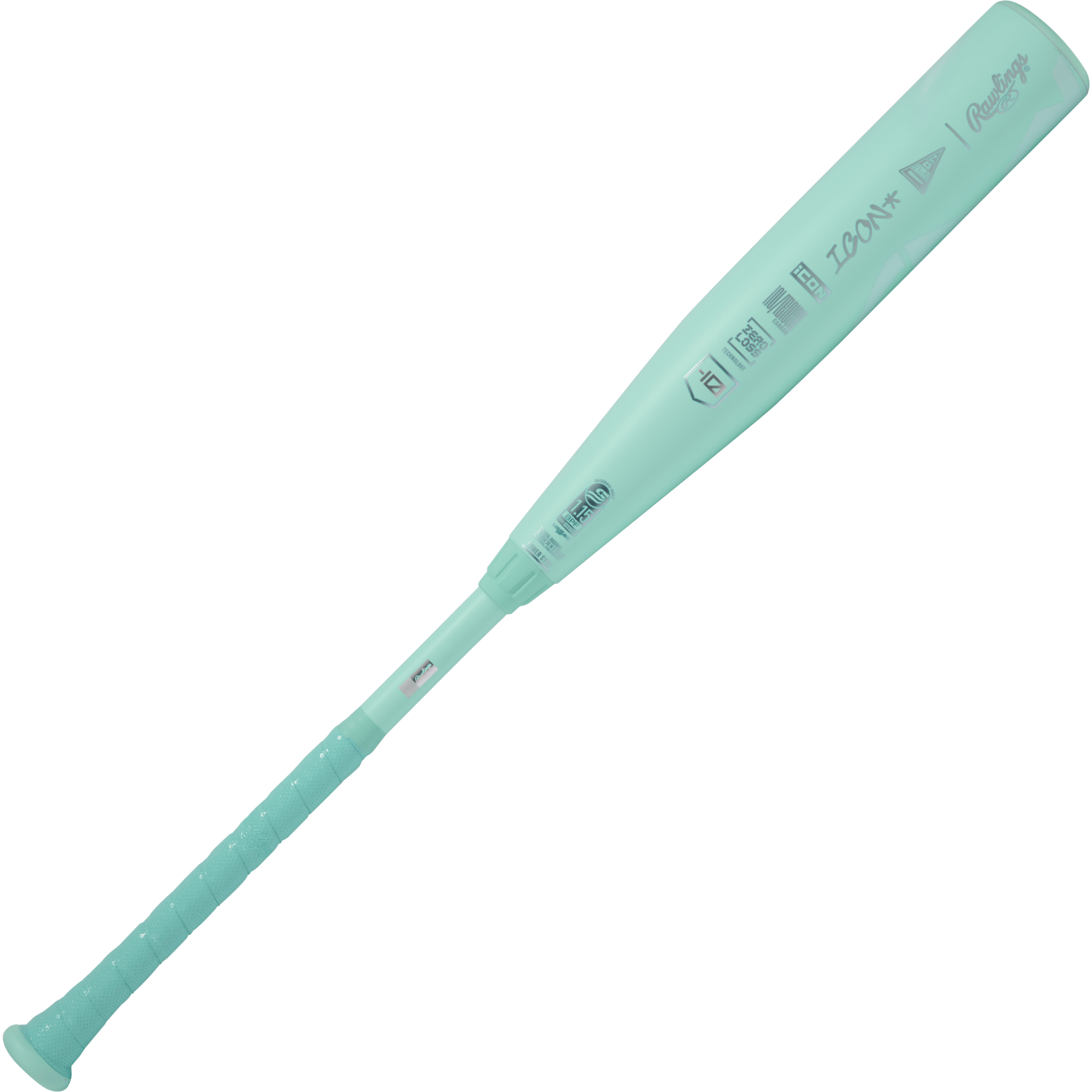 Back view of 2026 Rawlings Icon USSSA -10 bat highlighting sleek cool mint color and seamless composite barrel