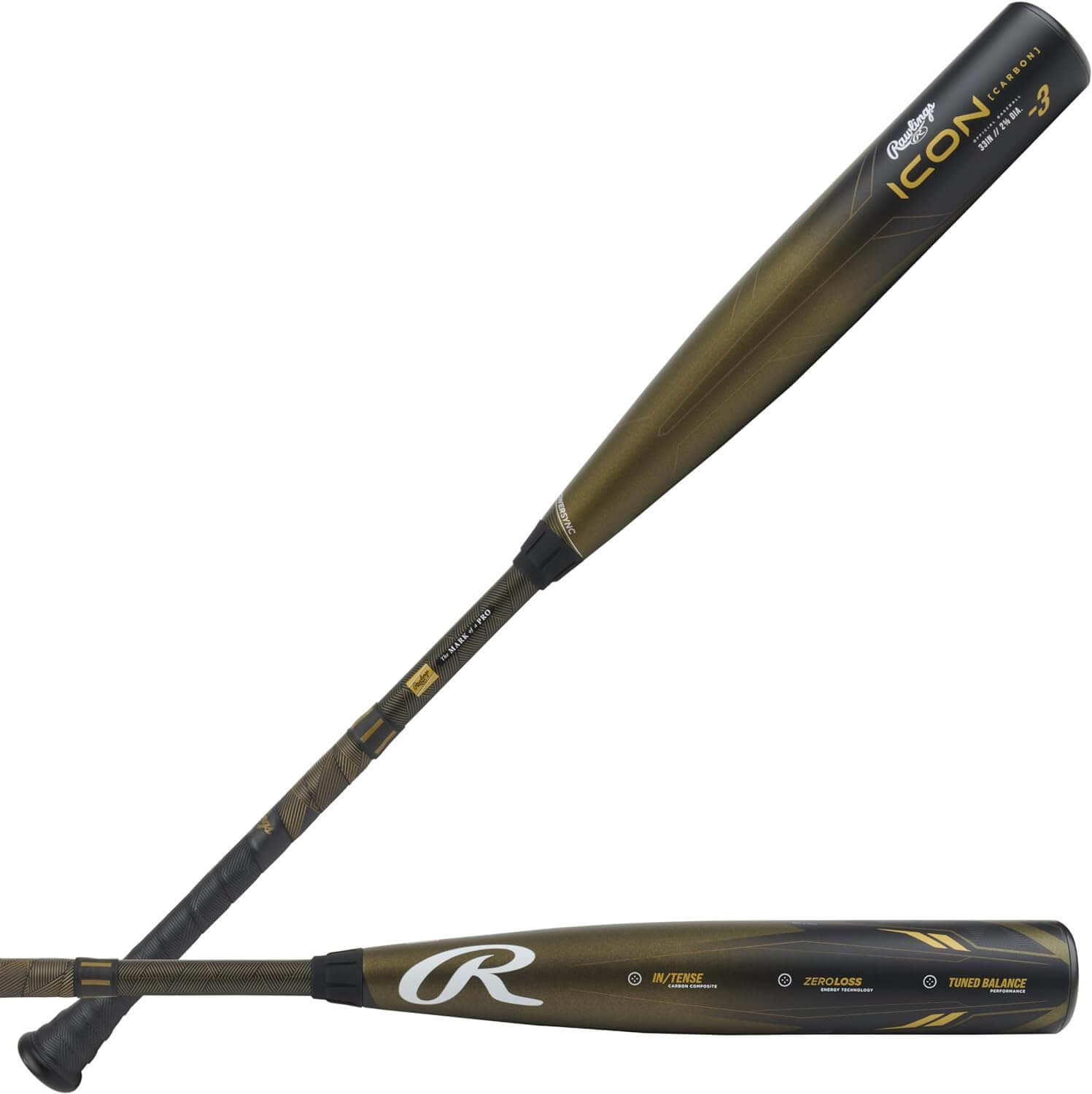 Rawlings Icon -3 BBCOR baseball bat with 2 5/8" barrel and advanced carbon composite construction for enhanced performance.