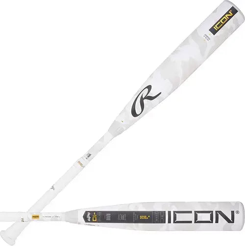 Rawlings Icon 2025 -10 USSSA baseball bat featuring In/Tense carbon composite design and sleek white camouflage finish.