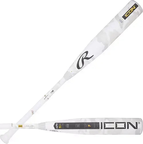 Rawlings Icon 2025 -5 USSSA baseball bat showcasing its In/Tense carbon composite design and sleek white finish.