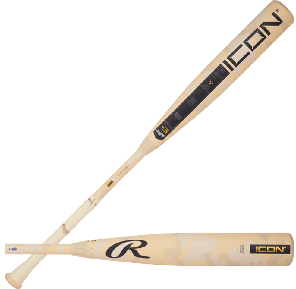 Rawlings Icon 2025 -3 BBCOR baseball bat showcasing In/Tense Carbon Composite design and Zero-Loss collar technology.